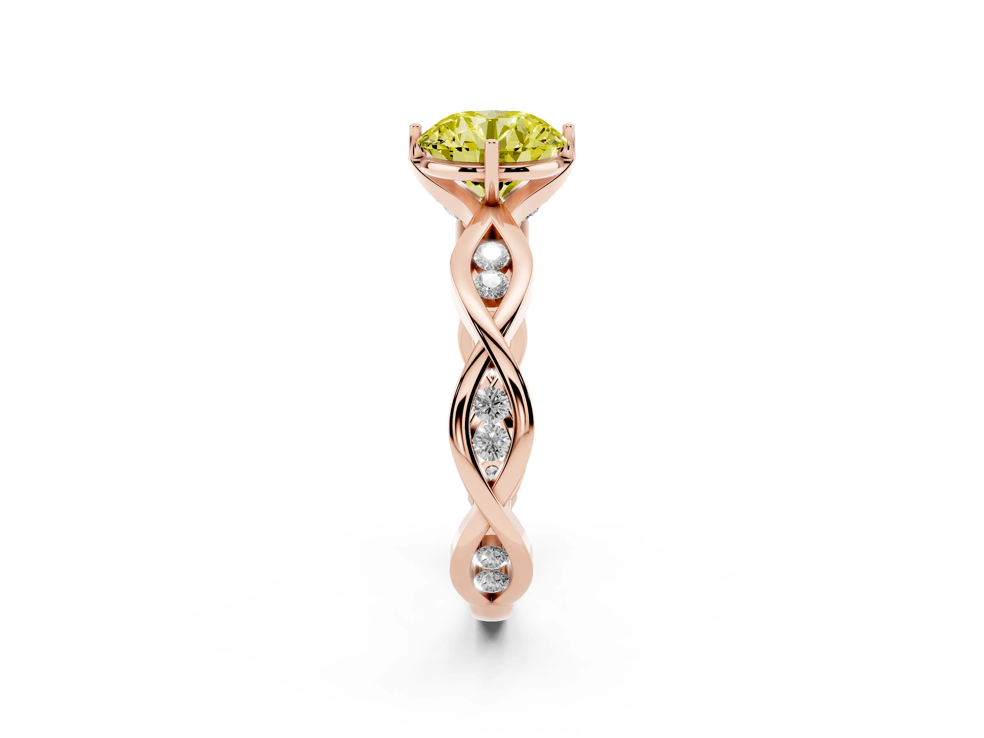 Fancy Yellow Round Cut Diamond Twist Band Solitaire Ring Set in Rose gold with Leaf Prong Setting and Accent Stones
