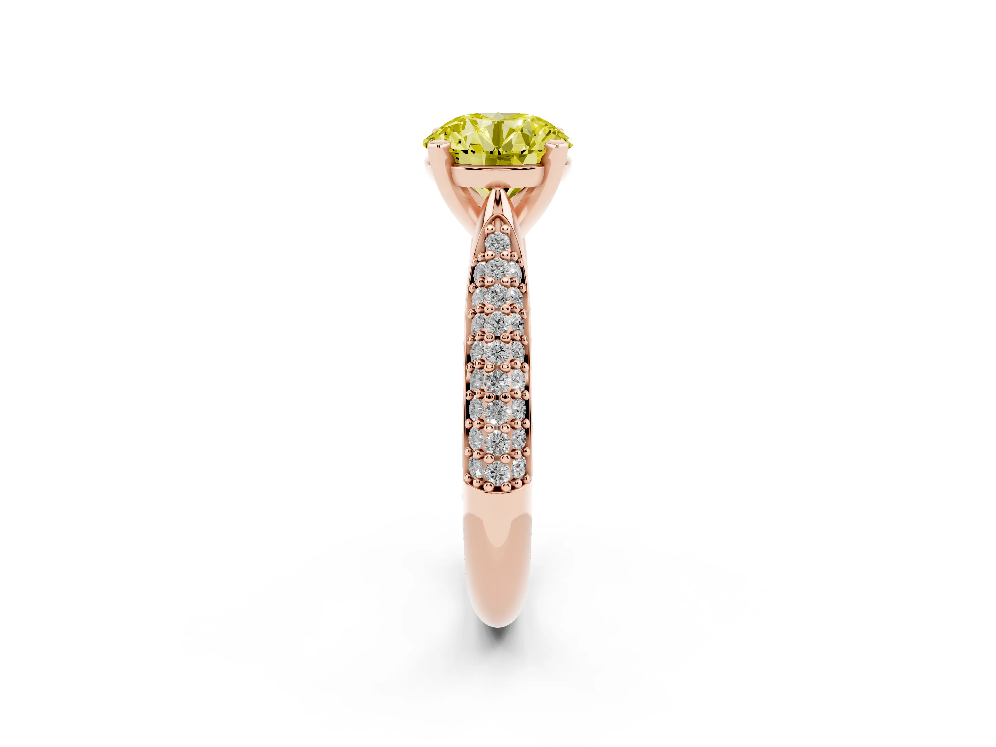 Fancy Yellow Round Cut Diamond Solitaire Engagement Ring Set in Rose gold with Multi-Row Round Pavé Band and Prong Setting
