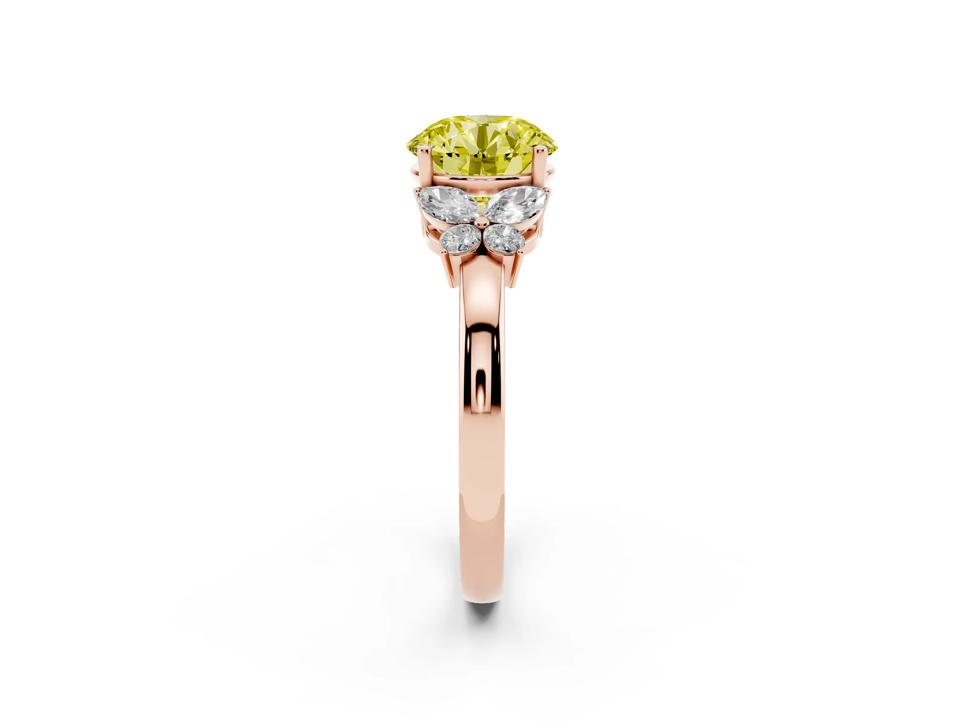 Fancy Yellow Round Cut Diamond Solitaire Floral Ring Set in Rose gold with Marquise Petals and Prong Setting