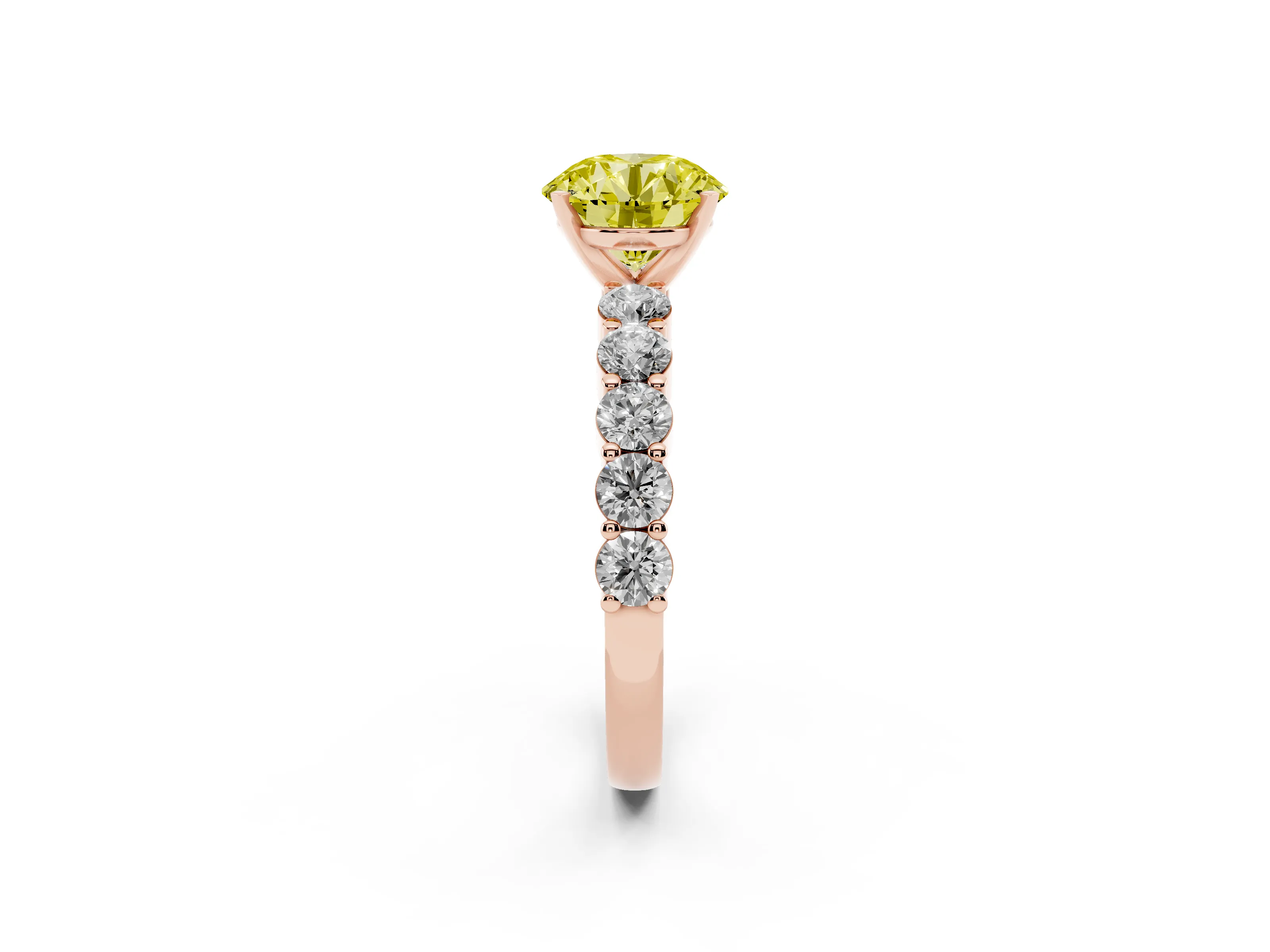 Fancy Yellow Round Cut Diamond Solitaire Ring Set in Rose gold with Shared Prong Round Side Stones
