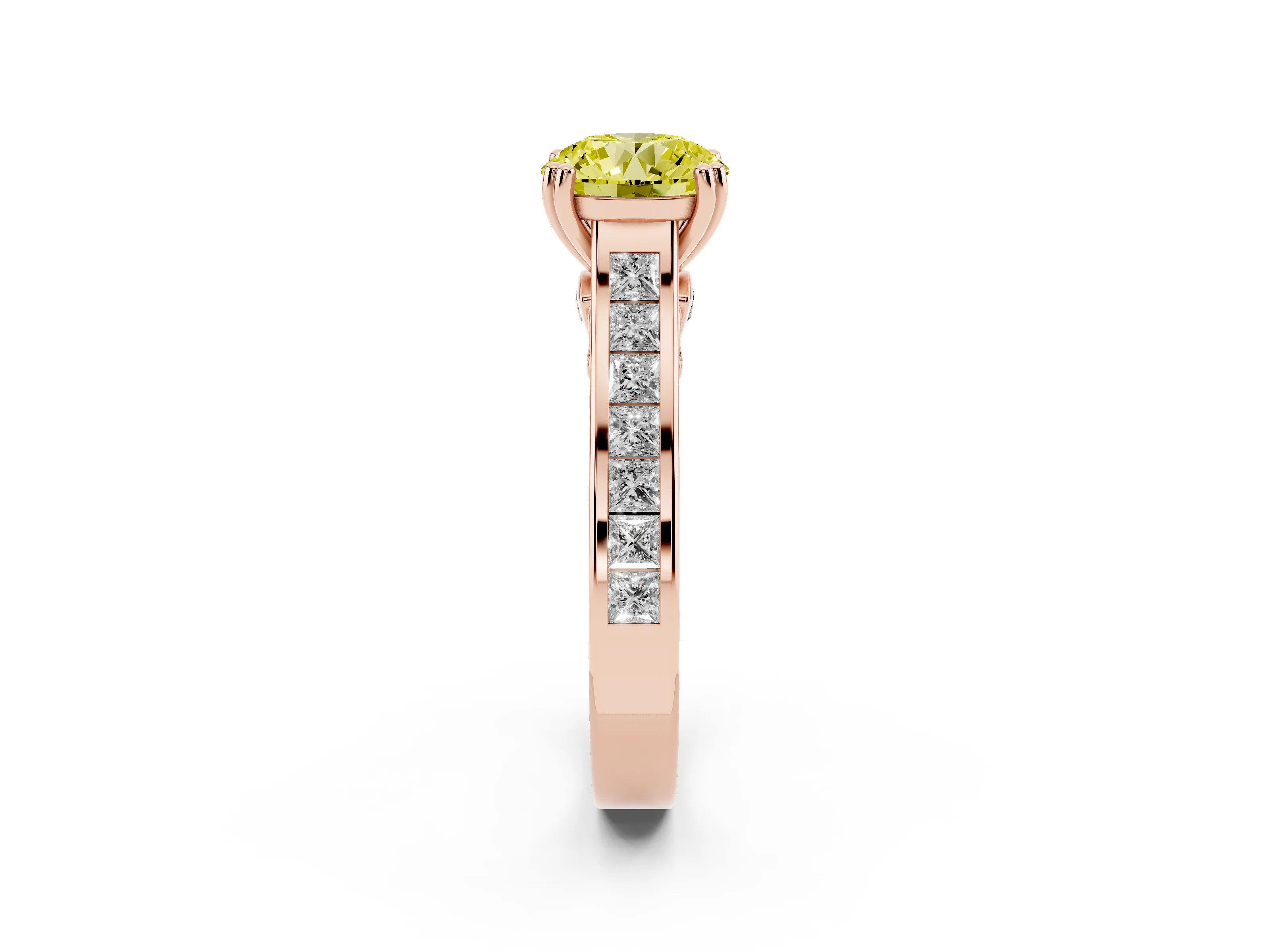 Fancy Yellow Round Cut Diamond Channel Set Solitaire Engagement Ring Set in Rose gold with Prong Setting