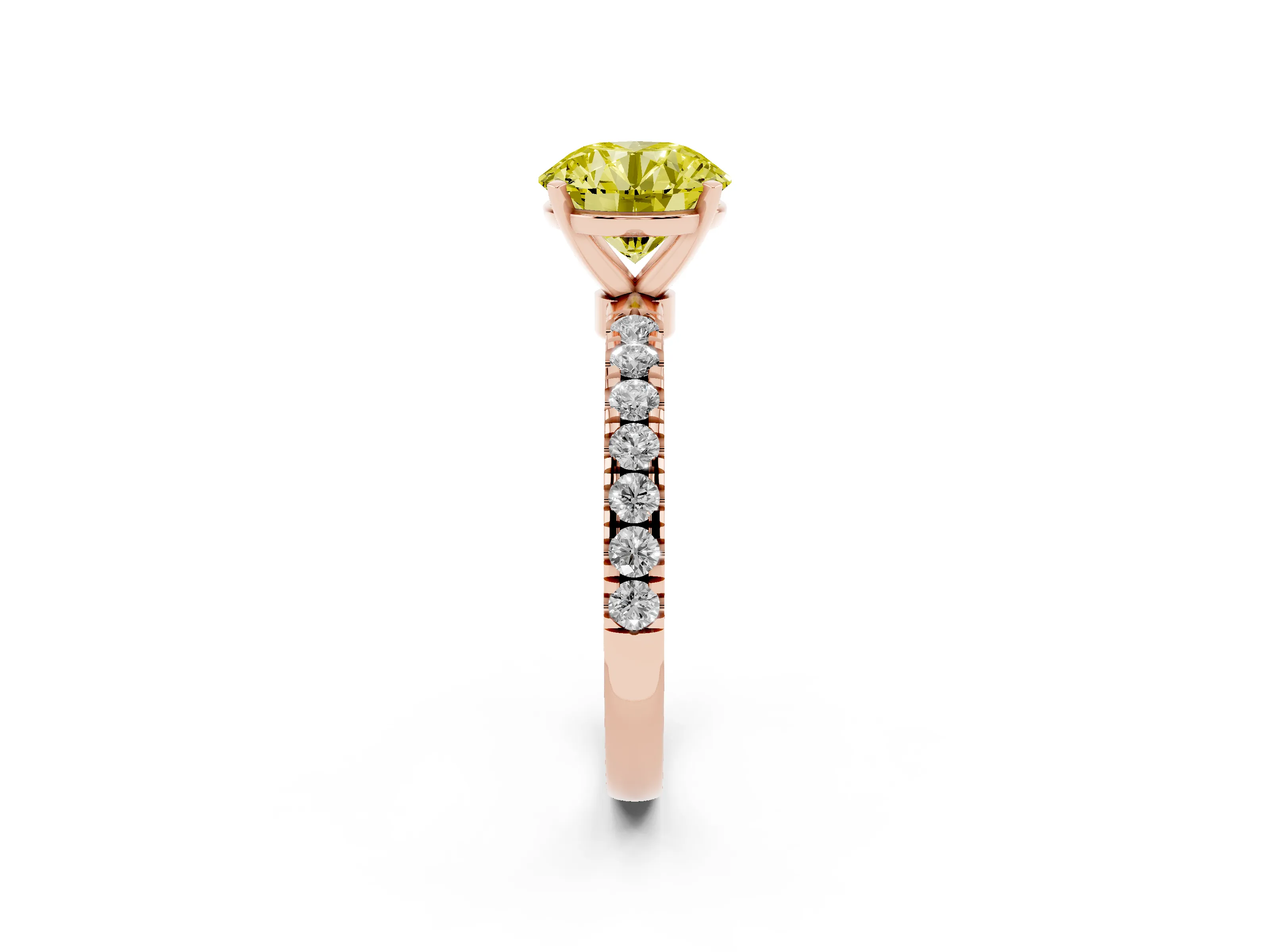 Fancy Yellow Round Cut Diamond Solitaire Ring Set in Rose gold with Pavé Accents and Prong Setting