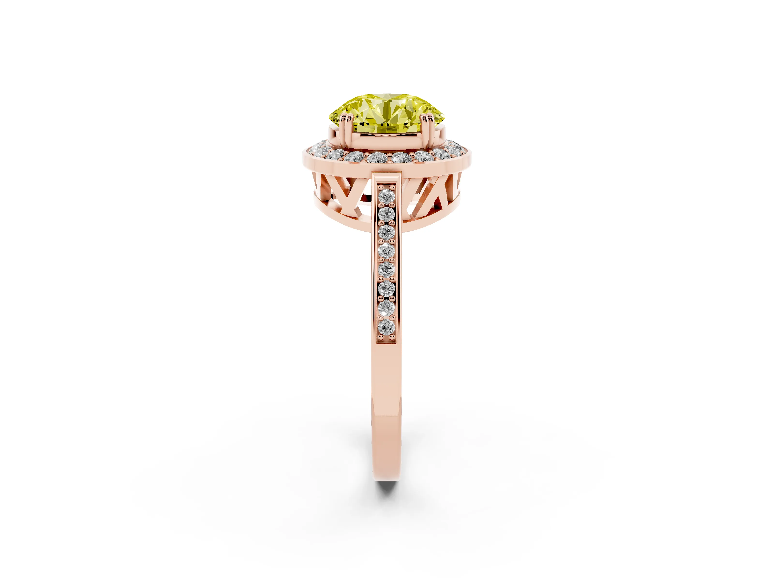 Fancy Yellow Round Cut Diamond Halo Ring Set in Rose gold with Accent-Lined Split Shank and Prong Setting