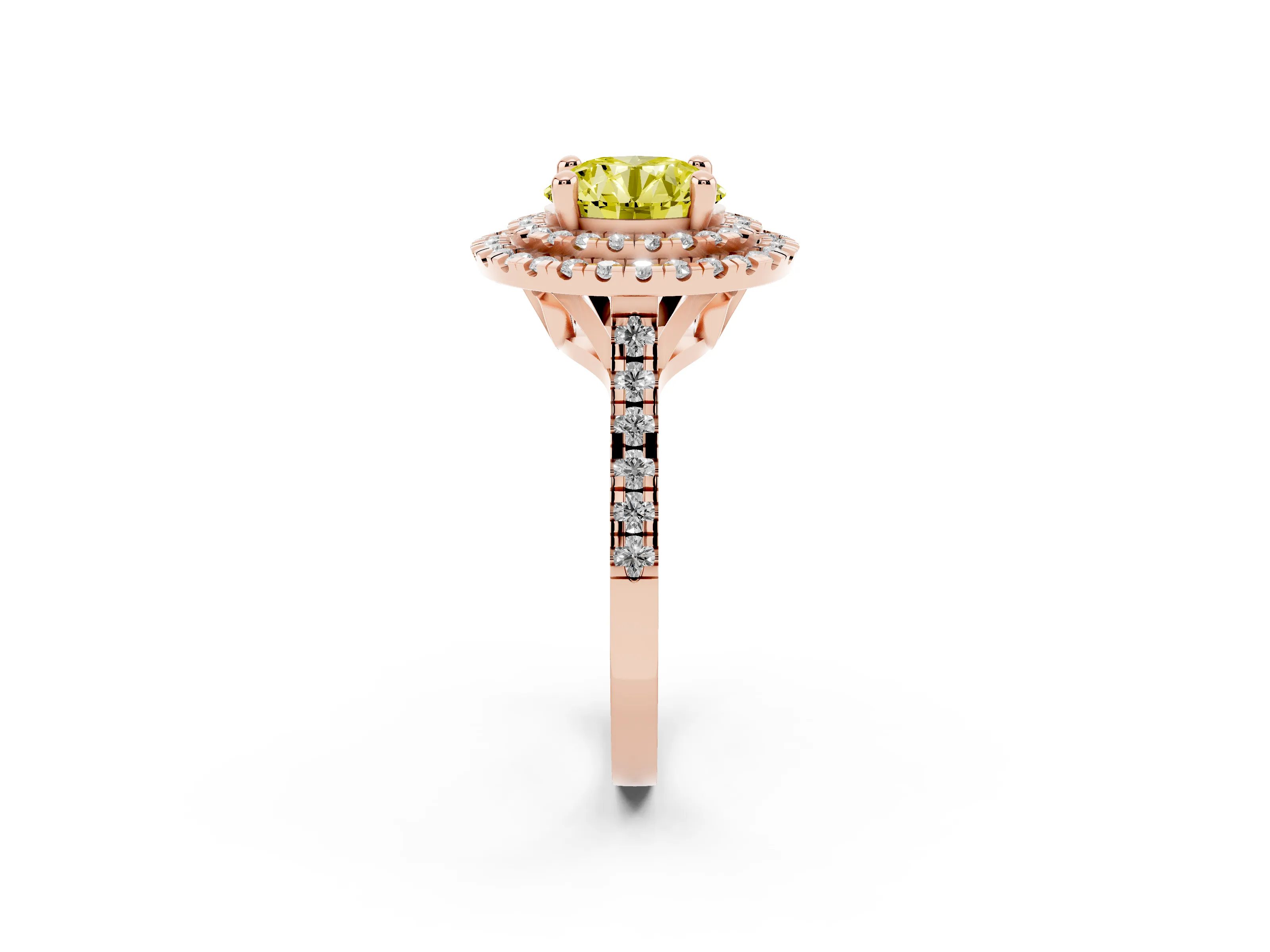 Fancy Yellow Round Cut Diamond Double Halo Statement Ring Set in Rose gold with Pavé Band