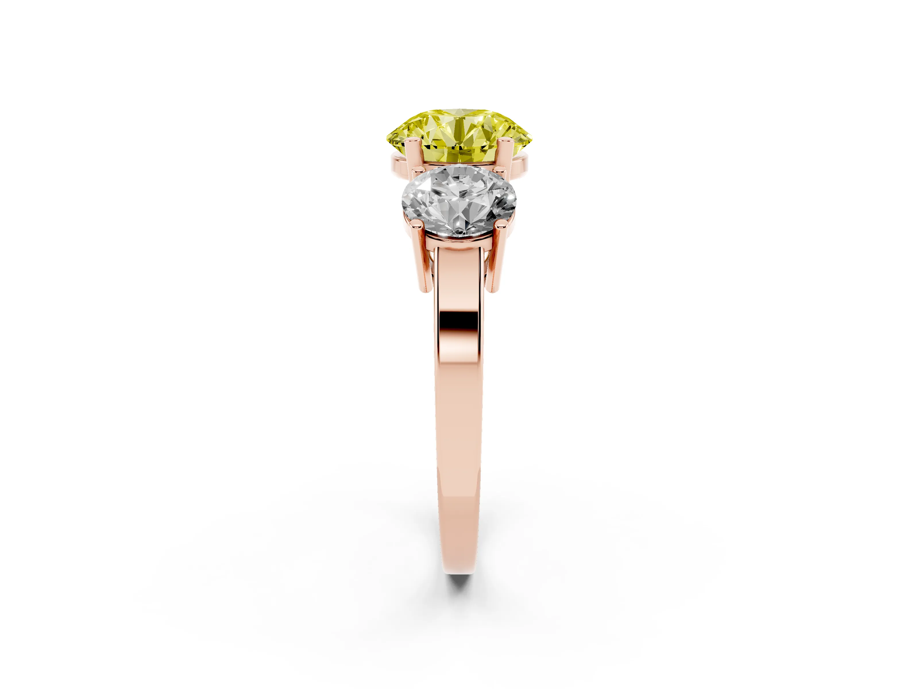 Fancy Yellow Round Cut Diamond Three-Stone Engagement Ring Set in Rose gold with Flat Band