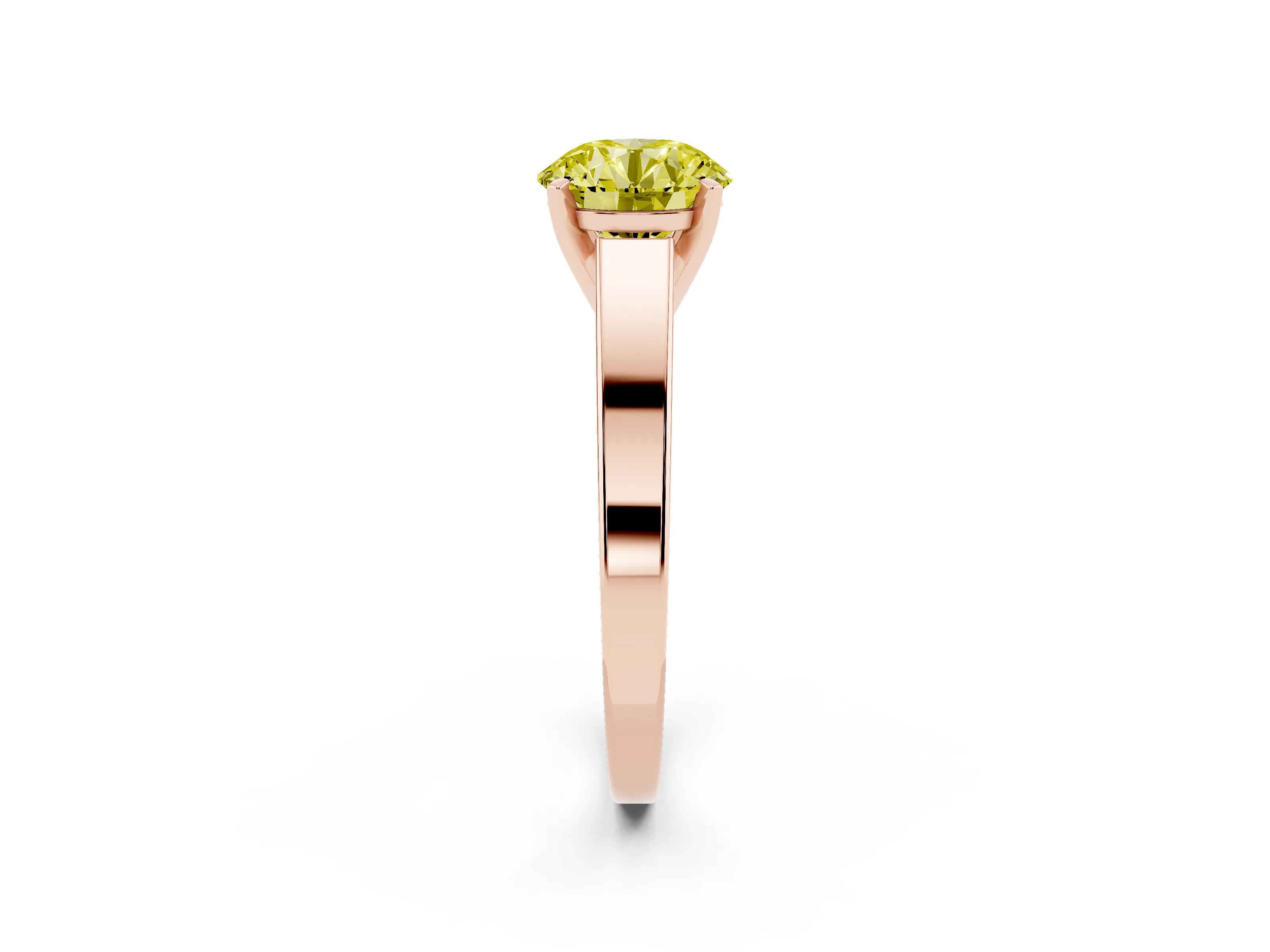 Fancy Yellow Round Cut Diamond Solitaire Engagement Ring Set in Rose gold with Prong Setting and Tapered Band