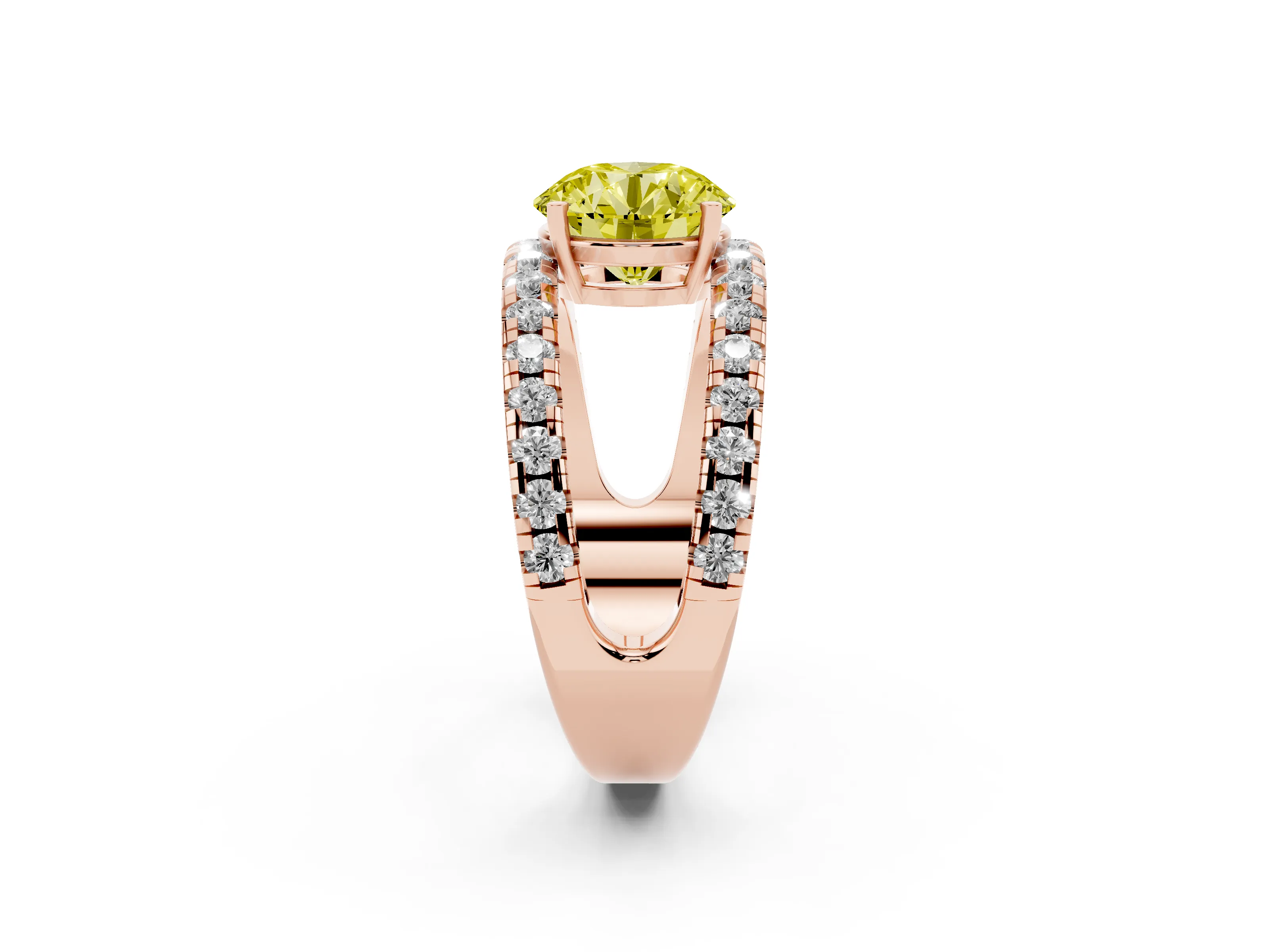 Fancy Yellow Round Cut Diamond Split Shank Pavé Solitaire Ring Set in Rose gold with Open Shank Design