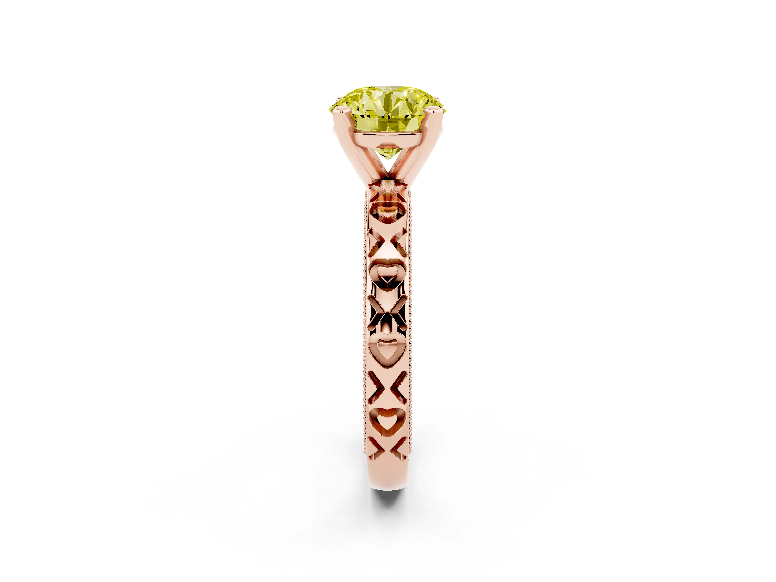 Fancy Yellow Round Cut Diamond Solitaire Engagement Ring Set in Rose gold with XO Engraved Band and Prong Setting