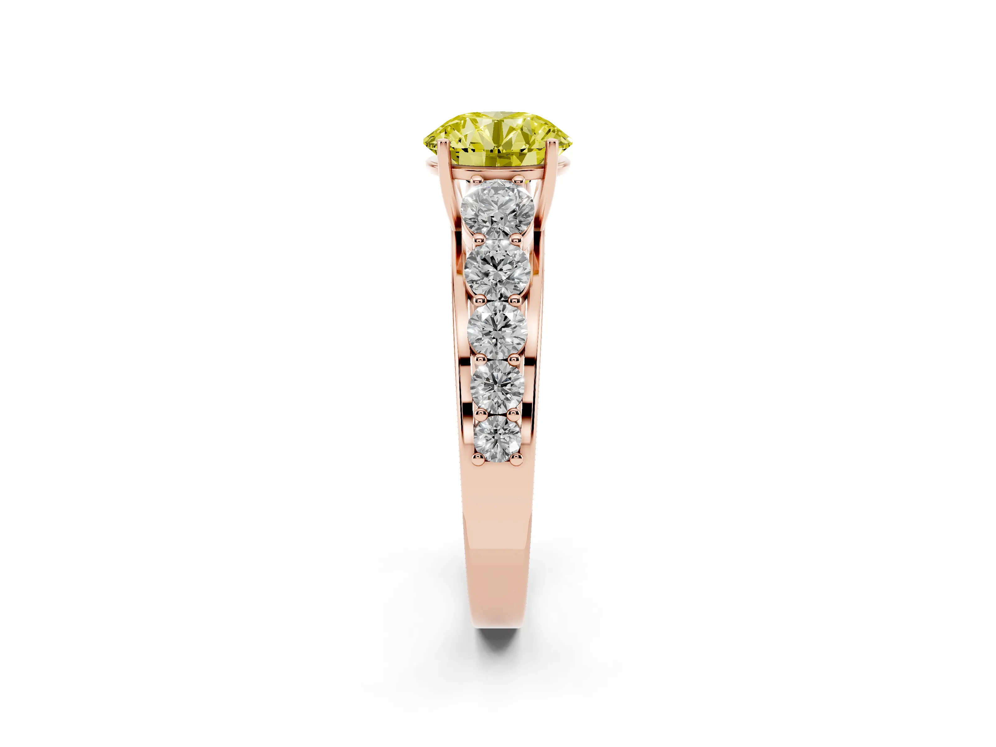 Fancy Yellow Round Cut Diamond Solitaire Ring Set in Rose gold with Pavé-Set Band and Prong Setting