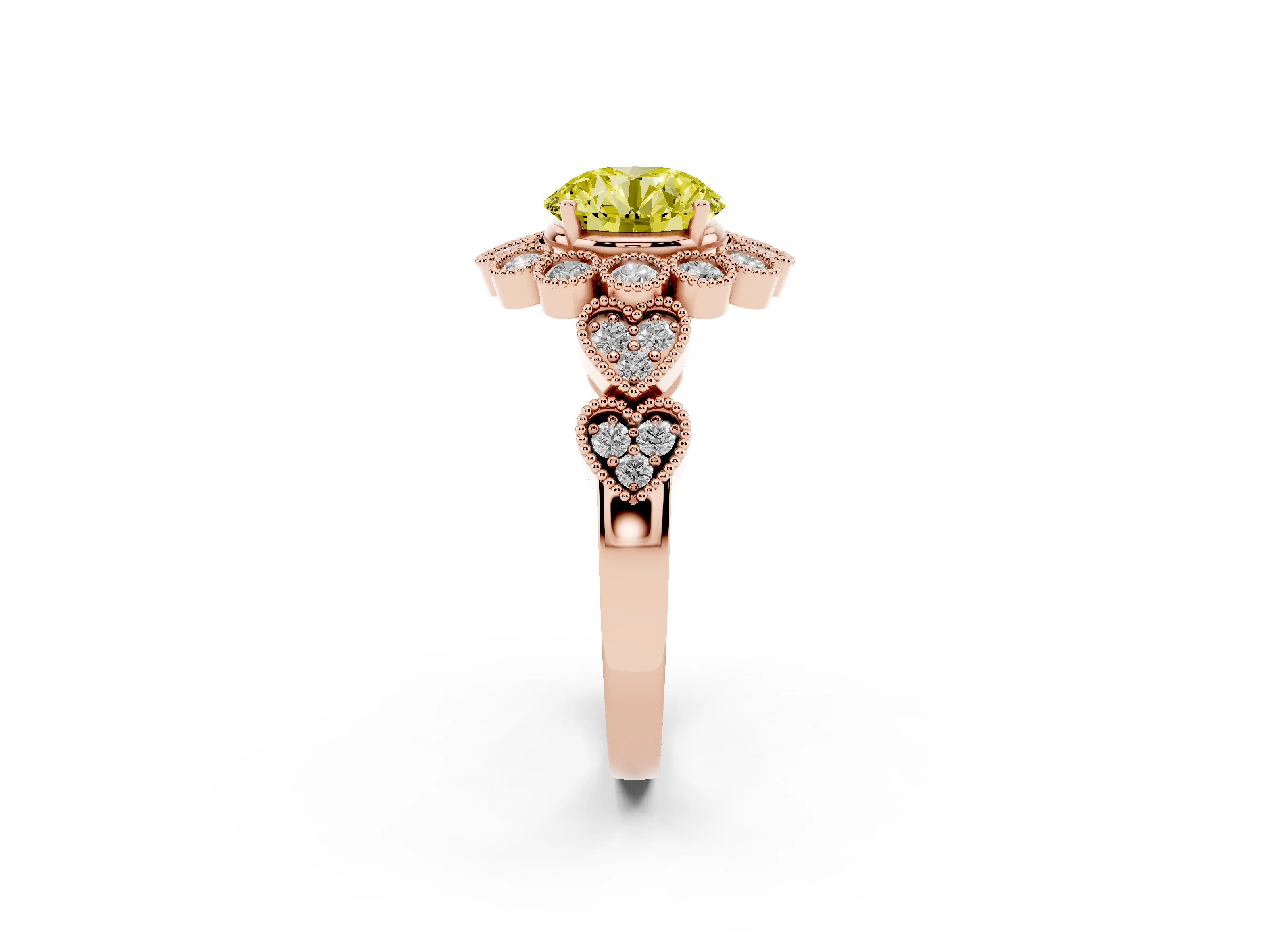 Fancy Yellow Round Cut Diamond Solitaire Ring Set in Rose gold with Milgrain Pavé Heart Band