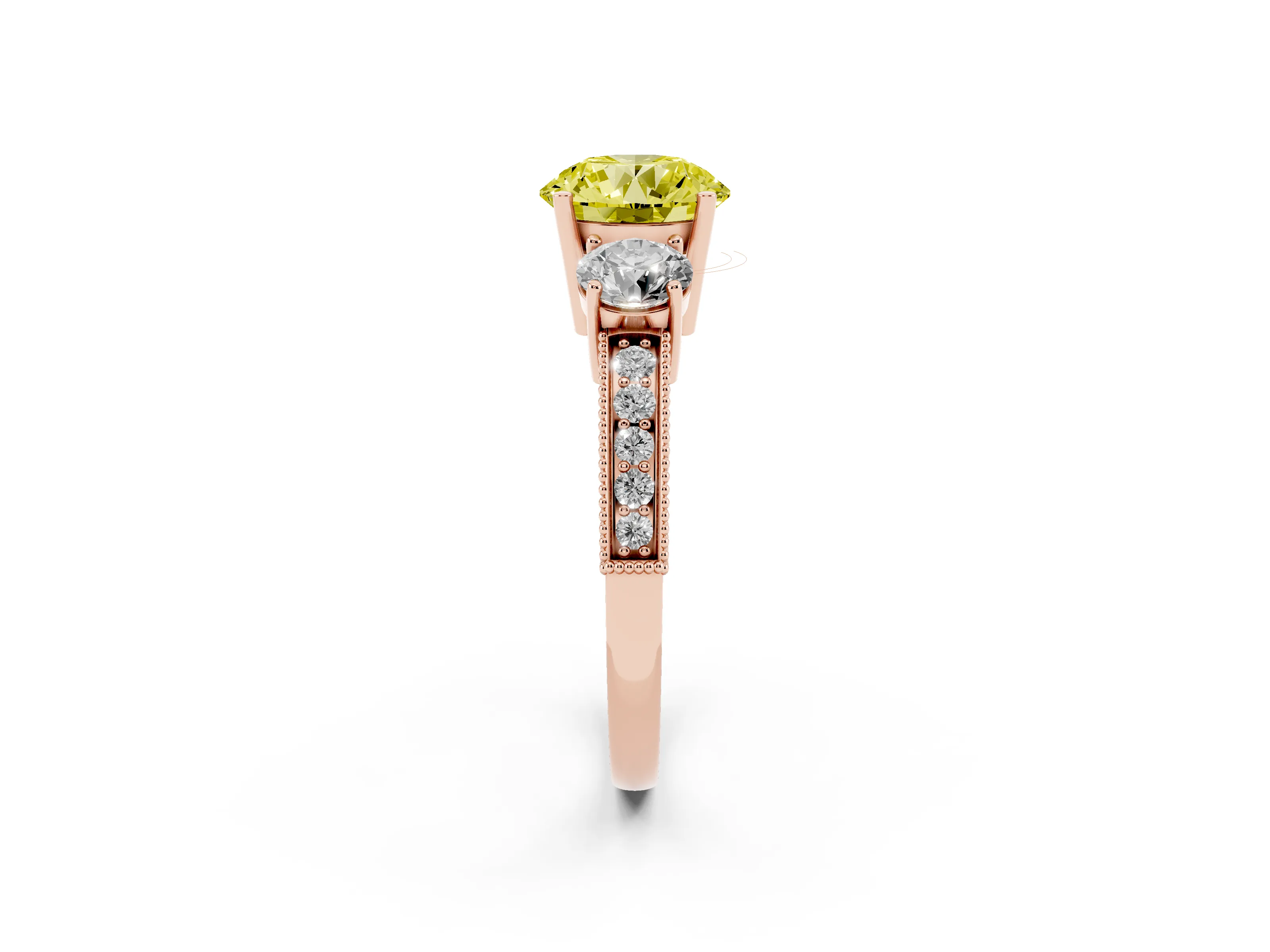 Fancy Yellow Round Cut Diamond Three-Stone Ring Set in Rose gold with Round Side Stones and Pavé Band