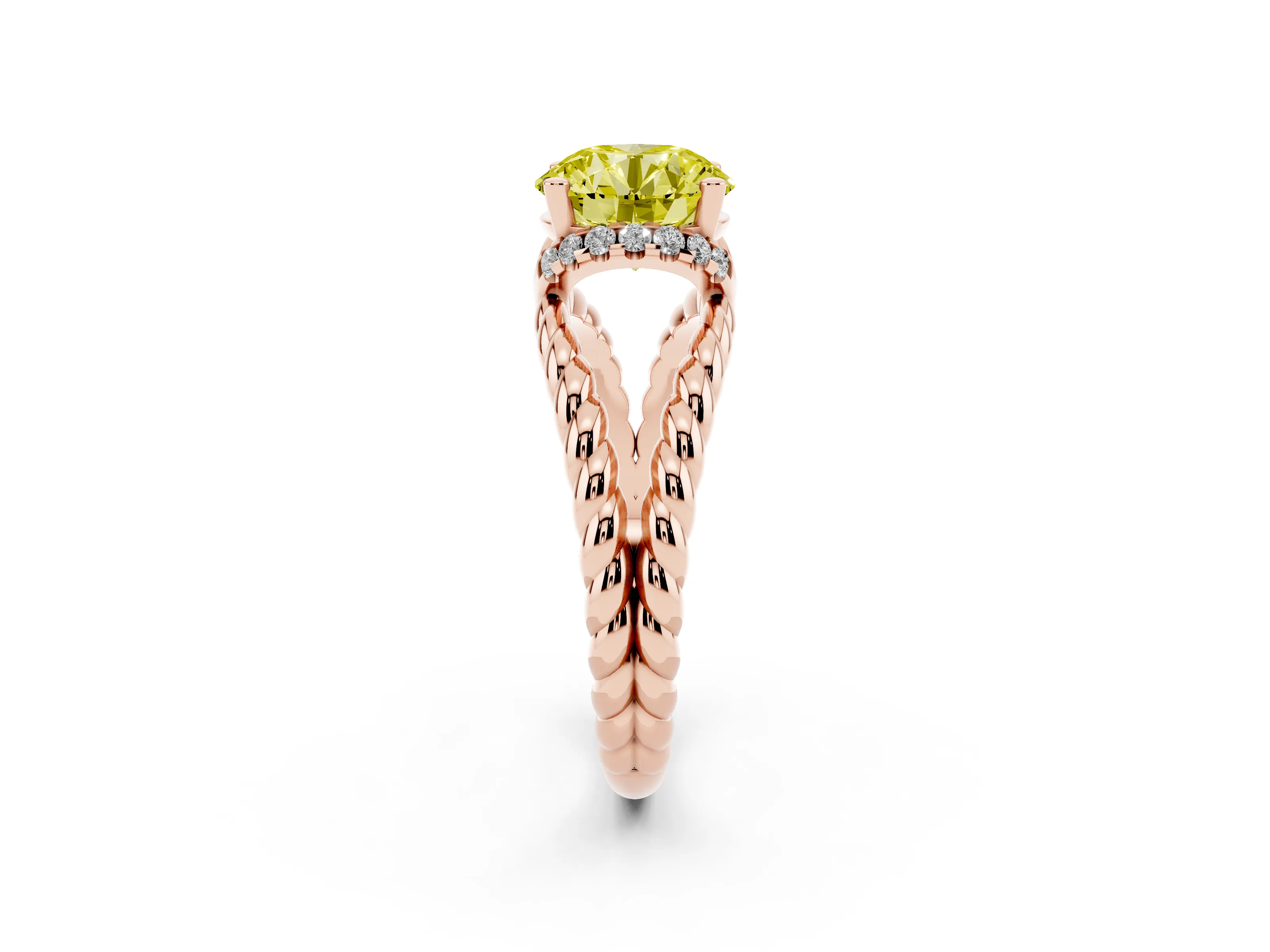 Fancy Yellow Round Cut Diamond Halo Ring Set in Rose gold with Twisted Band and Prong Setting