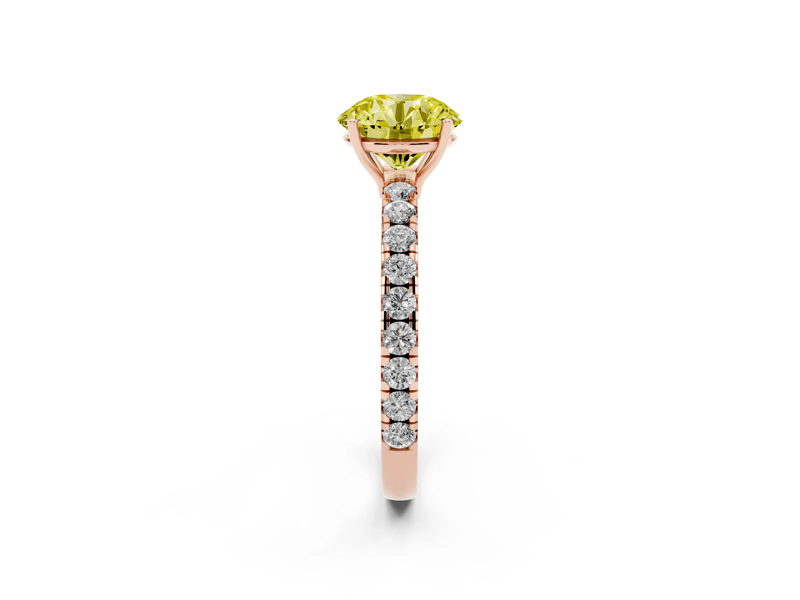 Fancy Yellow Round Cut Diamond Pavé Solitaire Engagement Ring Set in Rose gold with Prong Setting