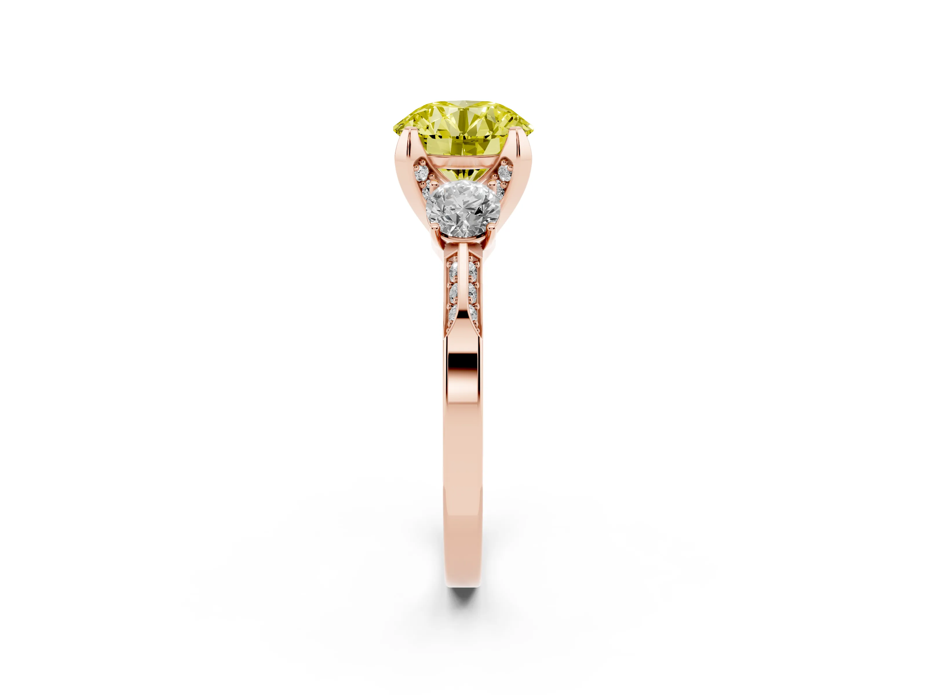 Fancy Yellow Round Cut Diamond Three-Stone Ring Set in Rose gold with Pavé Band and Smaller Side Stones
