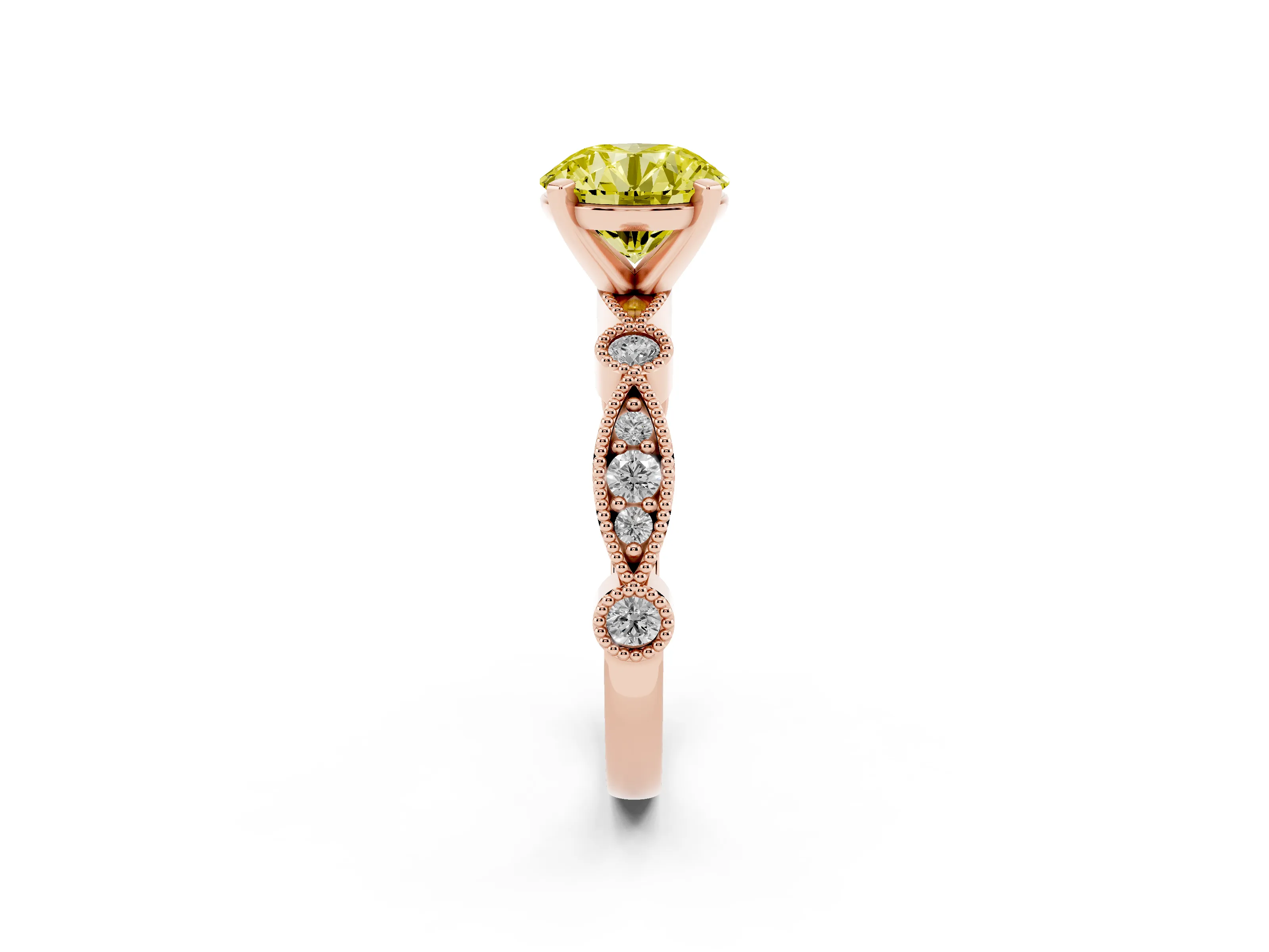 Fancy Yellow Round Cut Diamond Solitaire Engagement Ring Set in Rose gold with Milgrain Bezel Accent Band