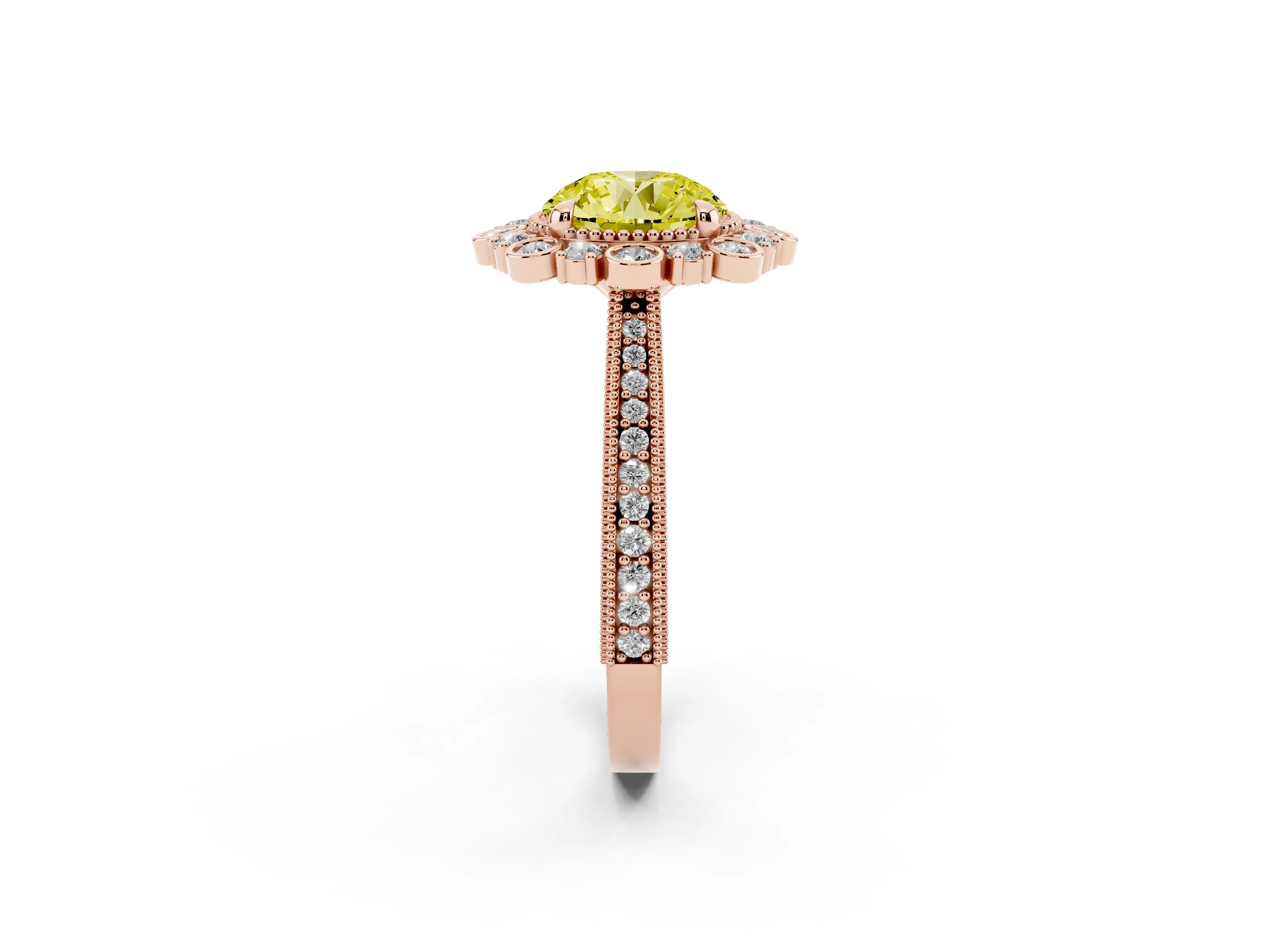 Fancy Yellow Round Cut Diamond Halo Milgrain Pavé Ring Set in Rose gold with Prong Setting