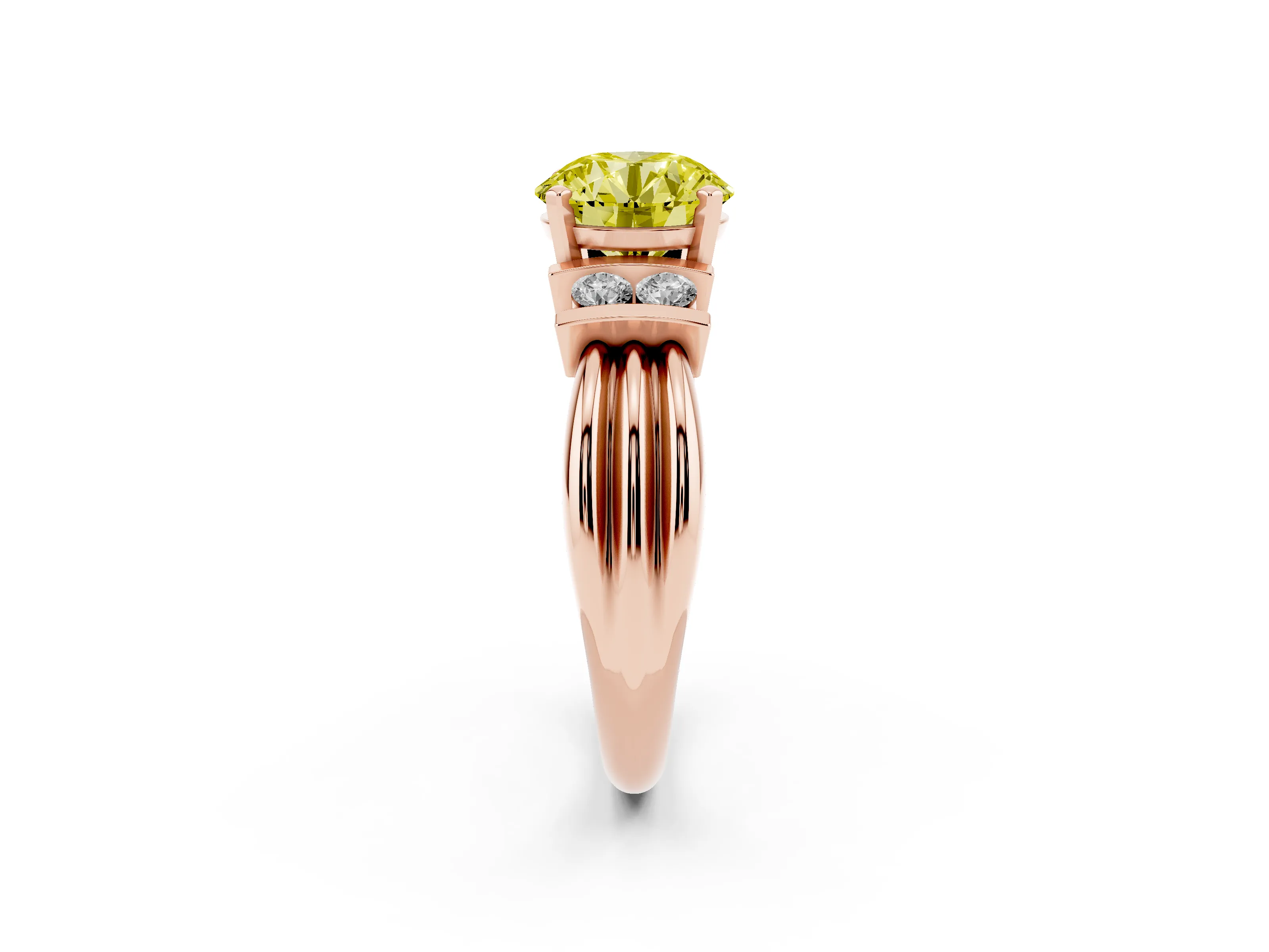 Fancy Yellow Three-Stone Round Cut Diamond Channel Set Ring Set in Rose gold with Bar Prongs