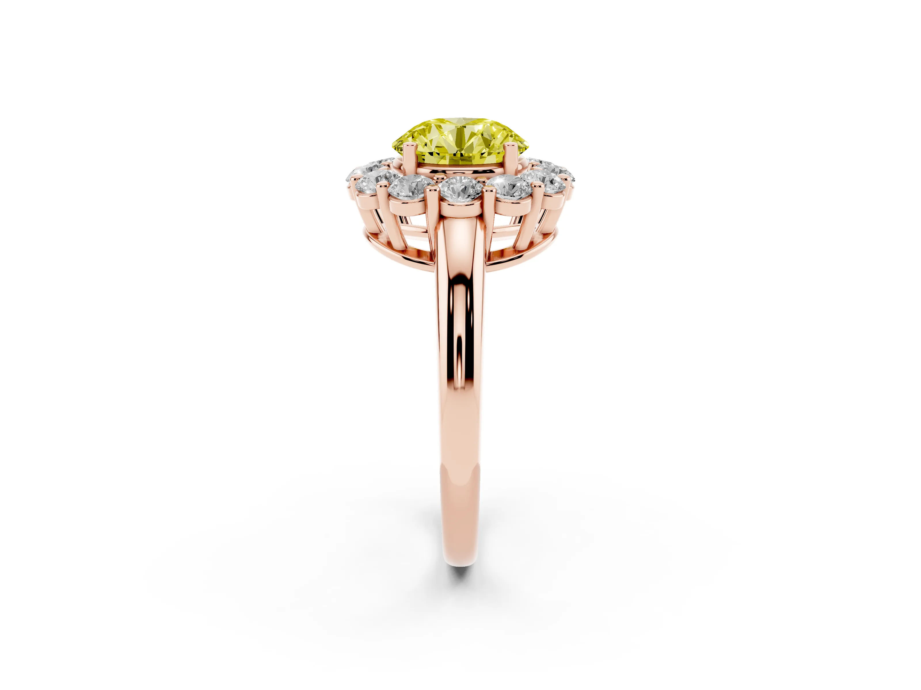 Fancy Yellow Round Cut Diamond Halo Cluster Engagement Ring Set in Rose gold with Polished Band and Prong Setting
