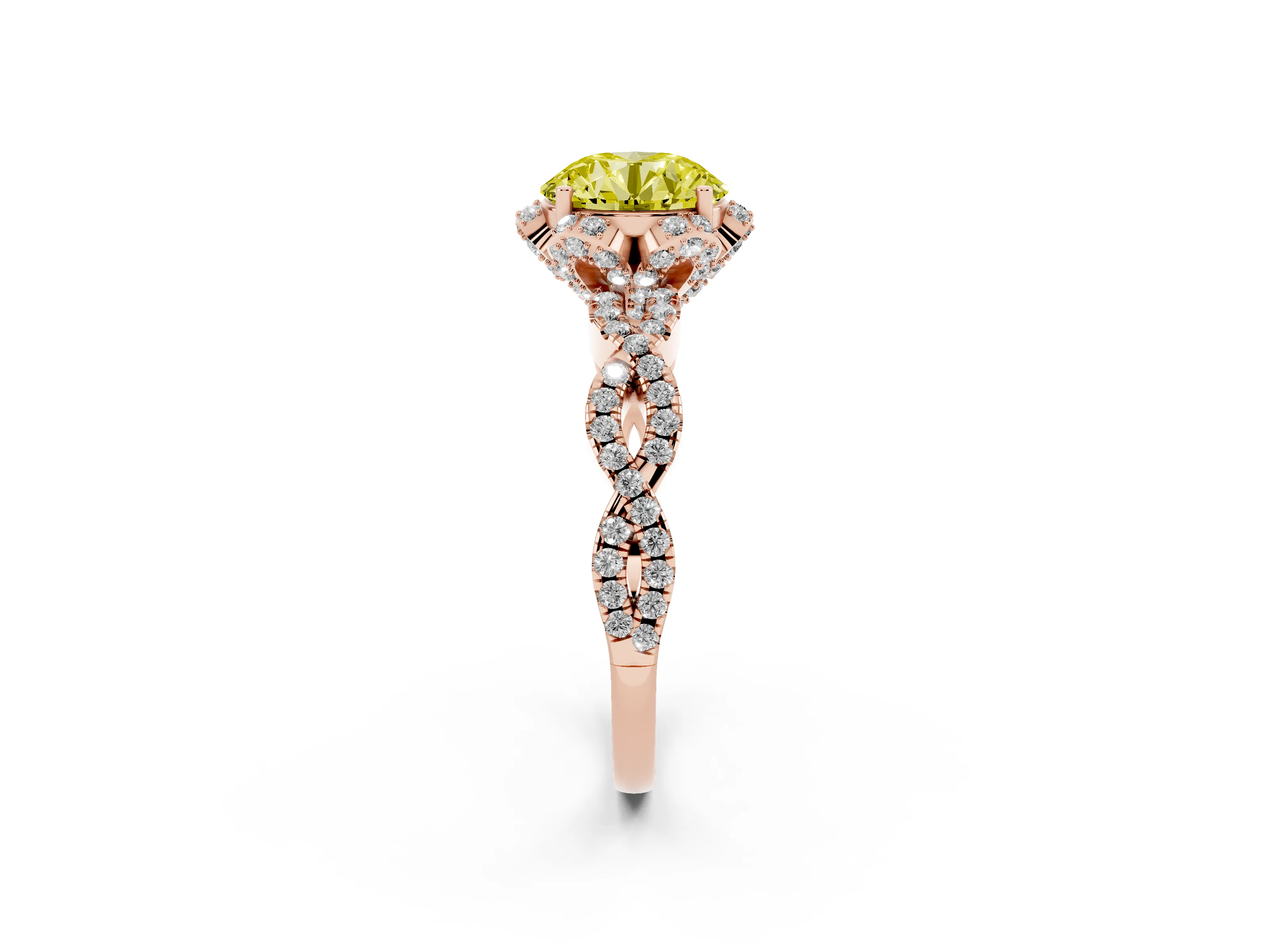 Fancy Yellow Round Cut Diamond Halo Twist Band Solitaire Ring Set in Rose gold with Prong-Set Center Stone