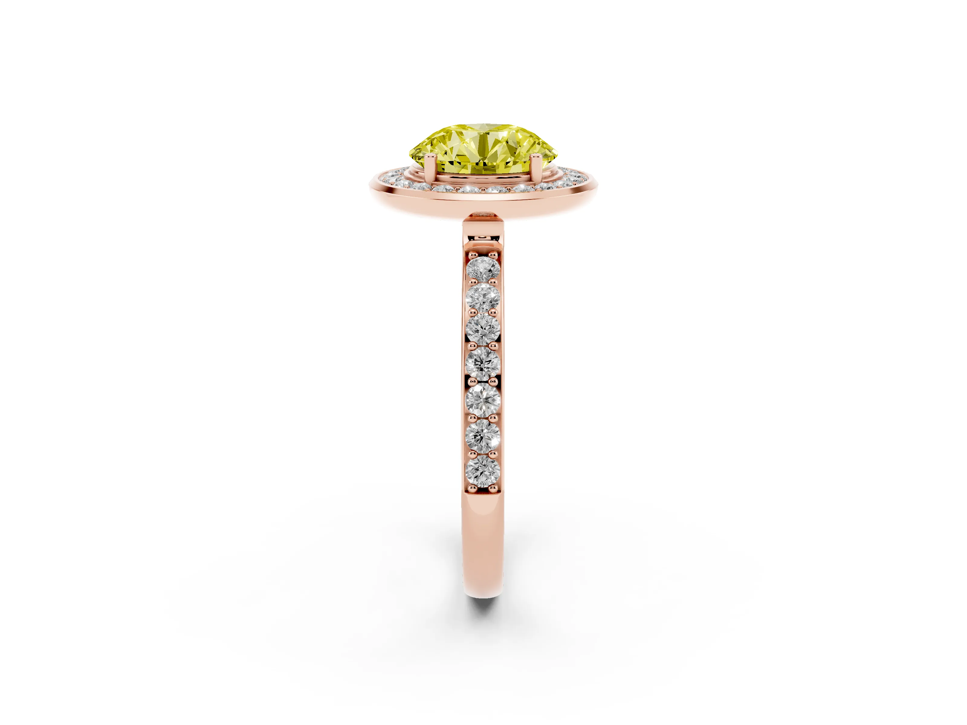 Fancy Yellow Round Cut Diamond Halo Ring Set in Rose gold with Bezel Frame and Pavé Band