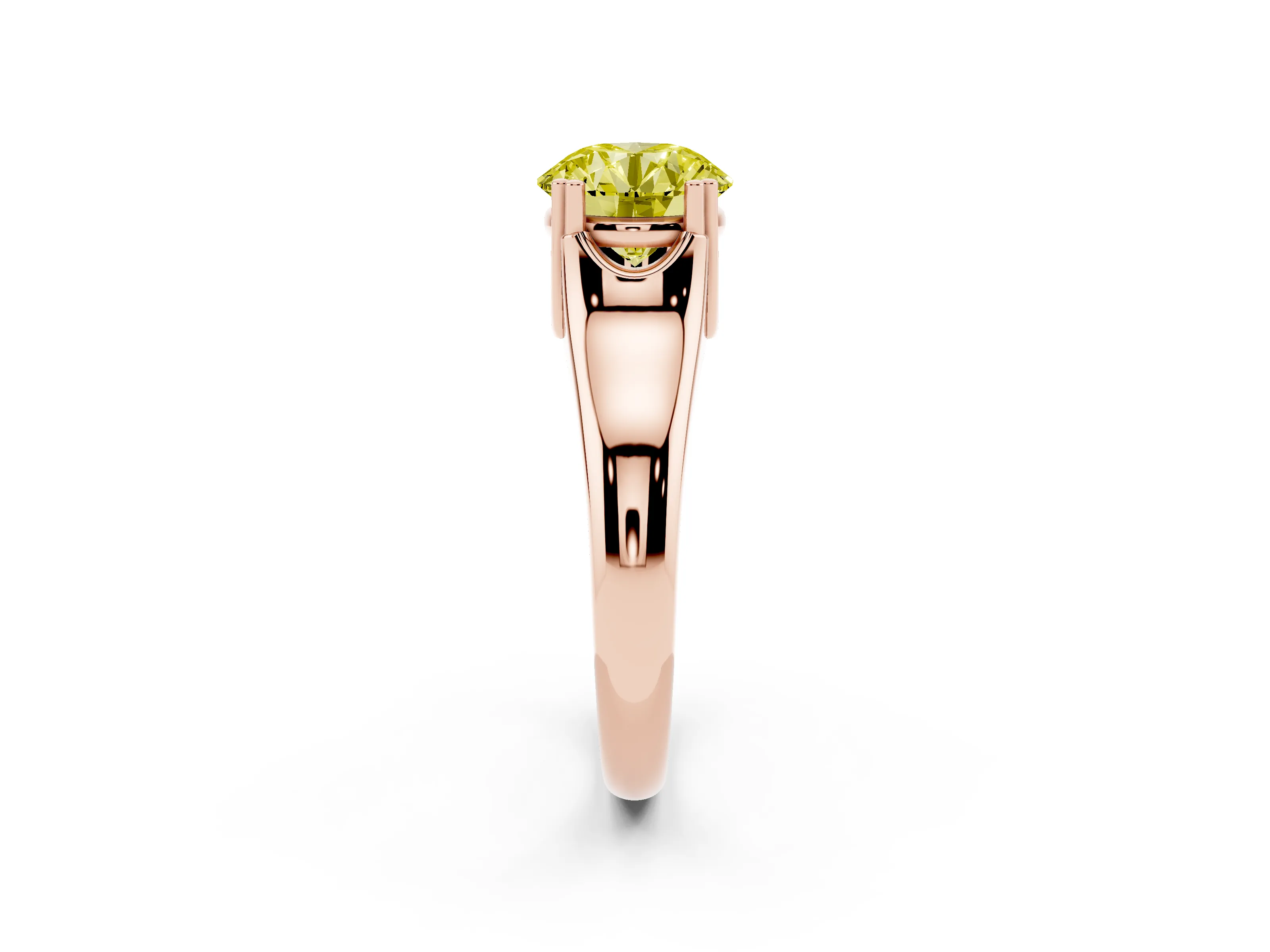Fancy Yellow Round Cut Diamond Solitaire Ring Set in Rose gold with Wide Band and Prong Setting