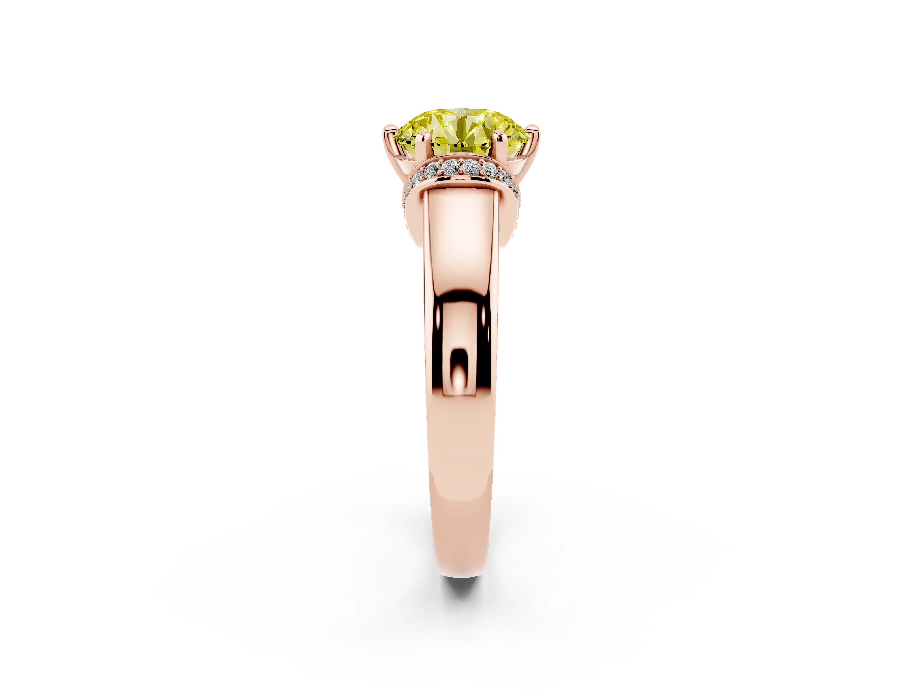 Fancy Yellow Round Cut Diamond Pavé Band Solitaire Ring Set in Rose gold with Prong Setting