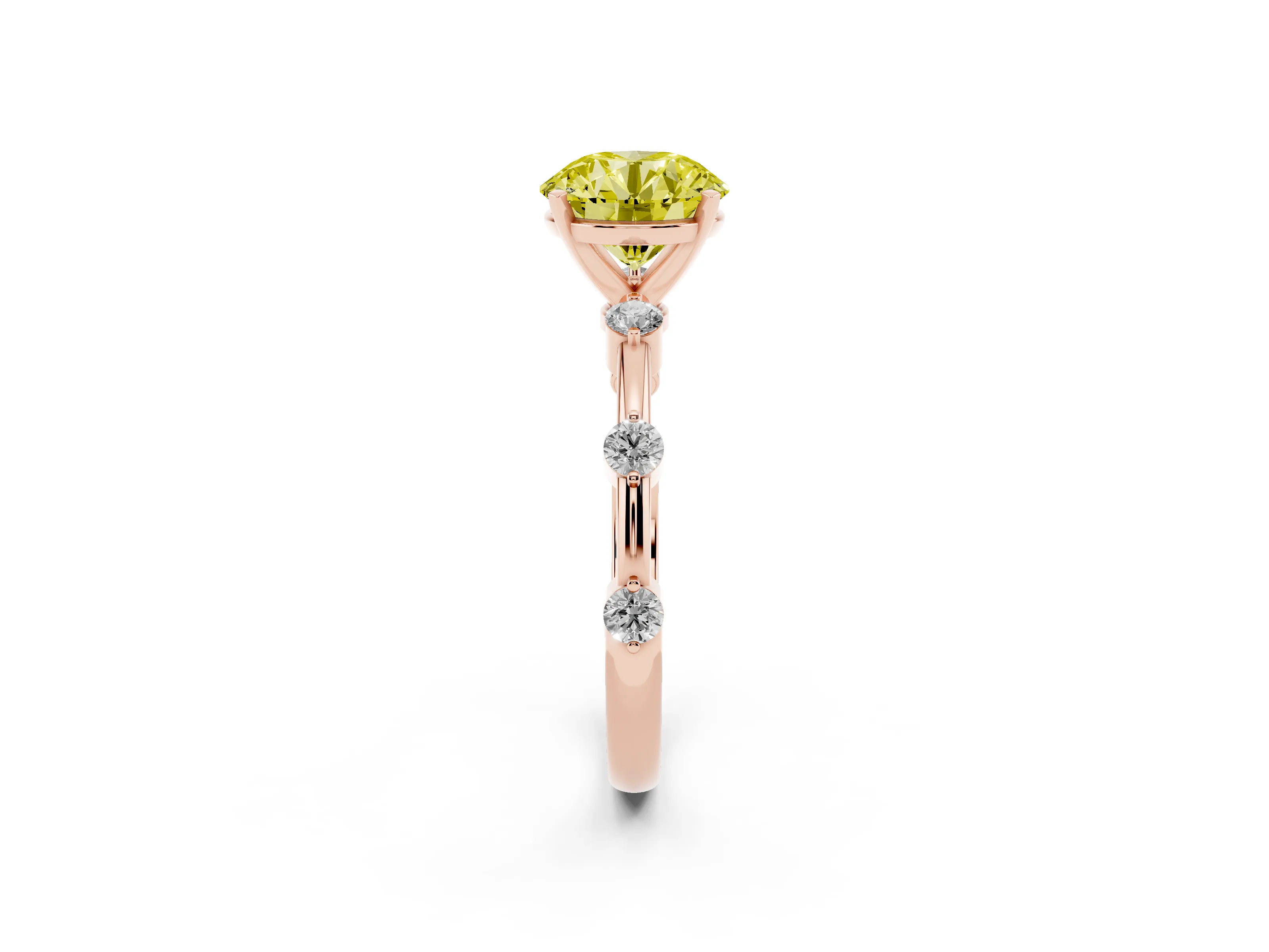 Fancy Yellow Round Cut Diamond Solitaire Ring Set in Rose gold with Bezel Set Side Stones and Prong Setting