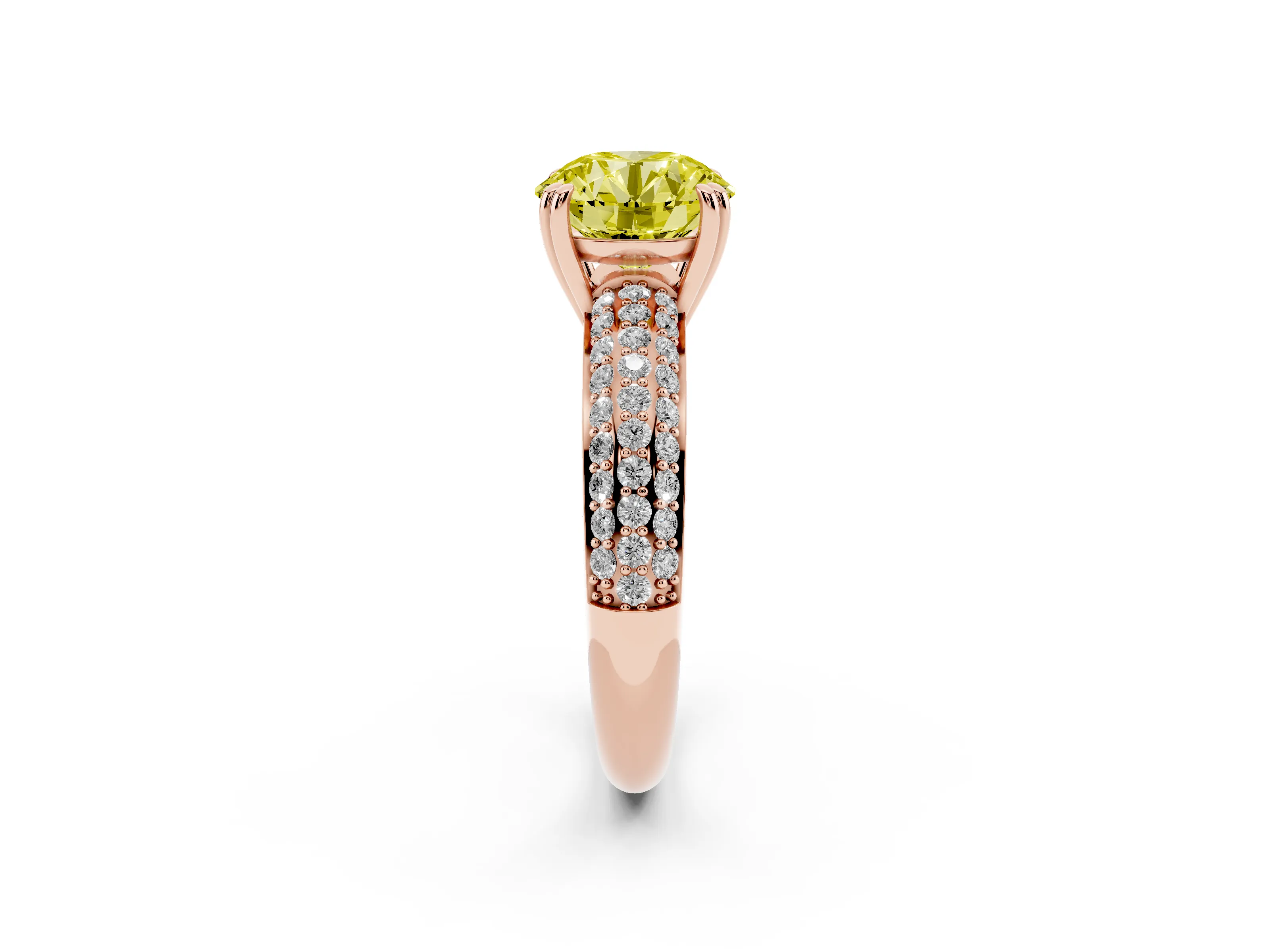Fancy Yellow Round Cut Diamond Solitaire Ring Set in Rose gold with Multi-Row Round Pavé Band and Prong Setting