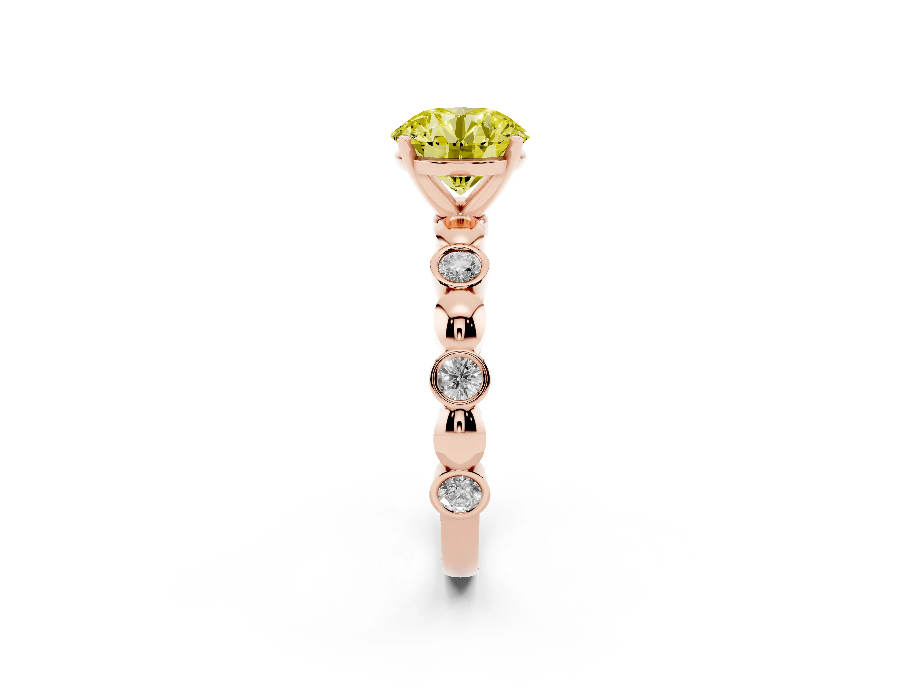 Fancy Yellow Round Cut Diamond Solitaire Ring Set in Rose gold with Bezel-Set Accents on Beaded Band and Prong Setting