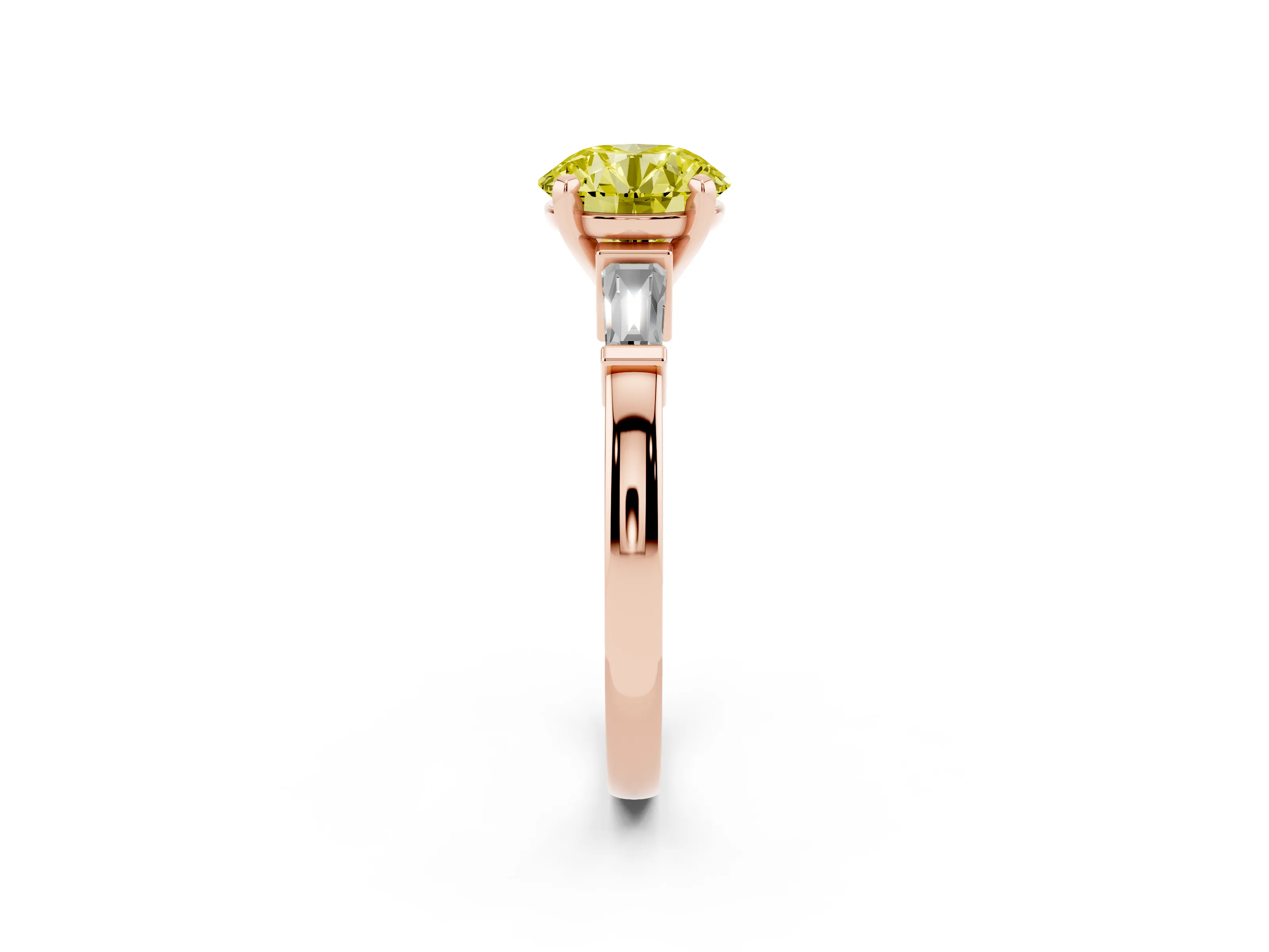 Fancy Yellow Round Cut Diamond Solitaire Ring Set in Rose gold with Tapered Baguette Accents and Prong Setting