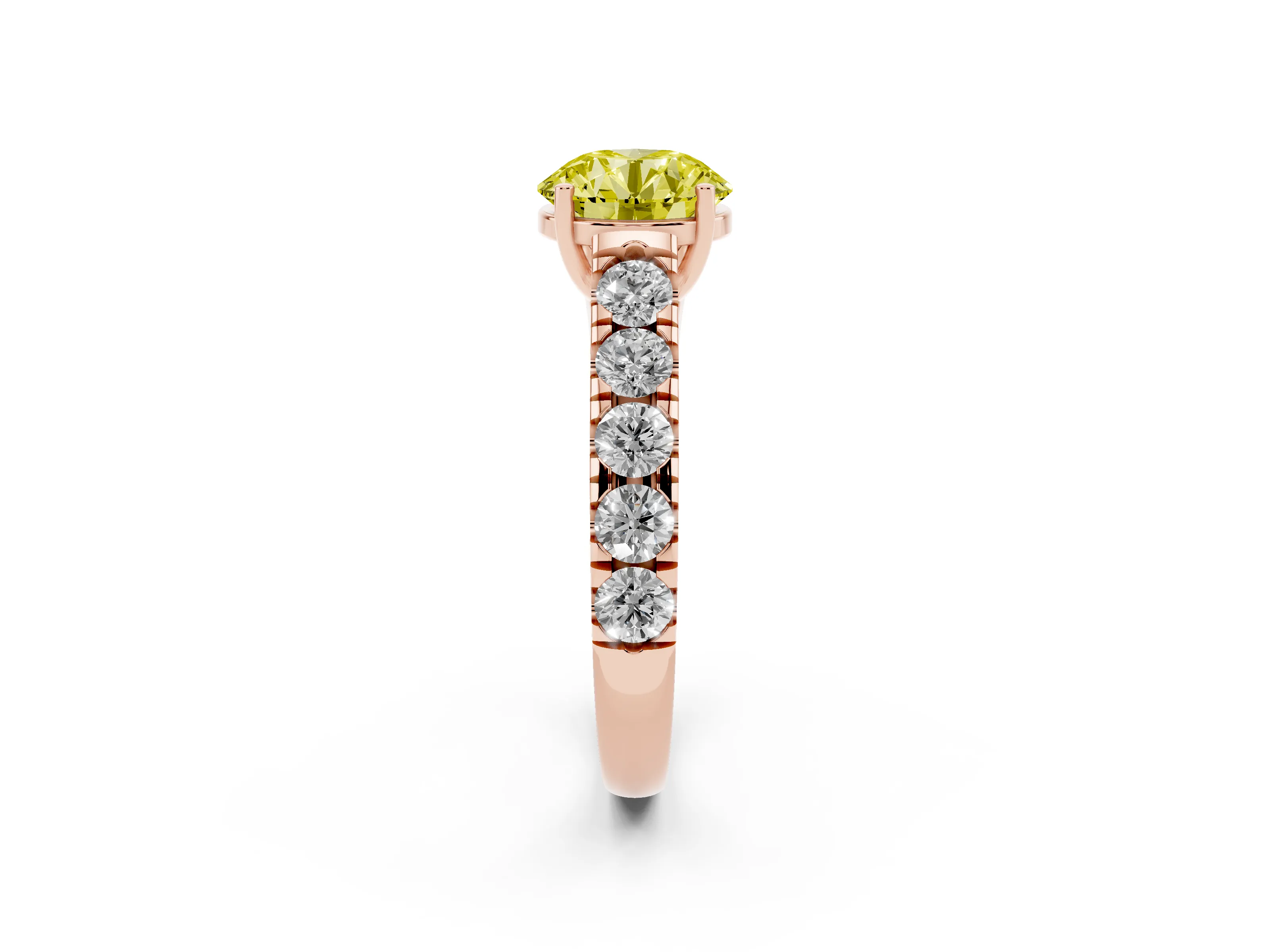Fancy Yellow Round Cut Diamond Solitaire Ring Set in Rose gold with Cut-Down Micro Pavé Band and Prong Setting