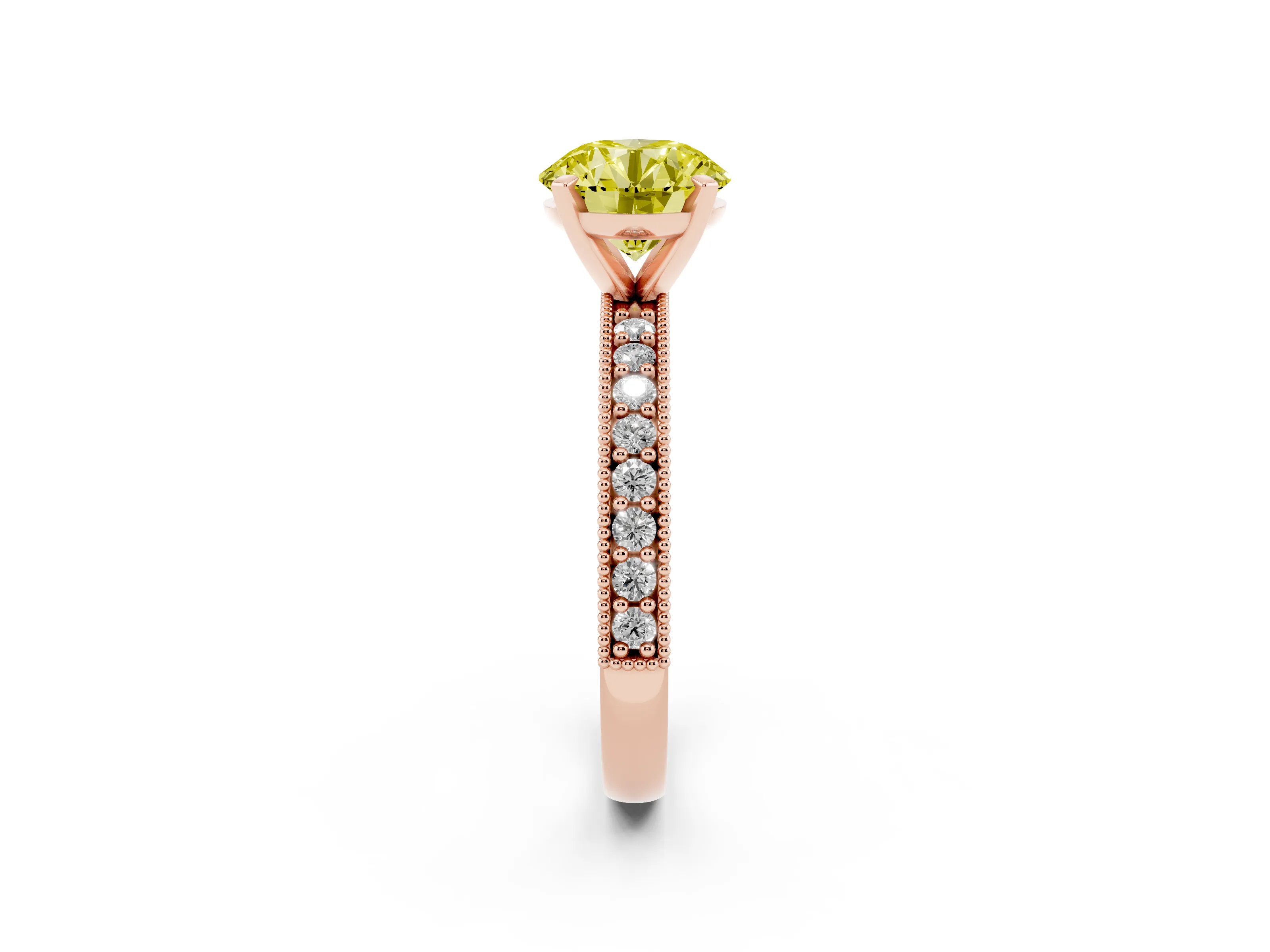 Fancy Yellow Round Cut Diamond Milgrain Pavé Engagement Ring Set in Rose gold with Prong Setting