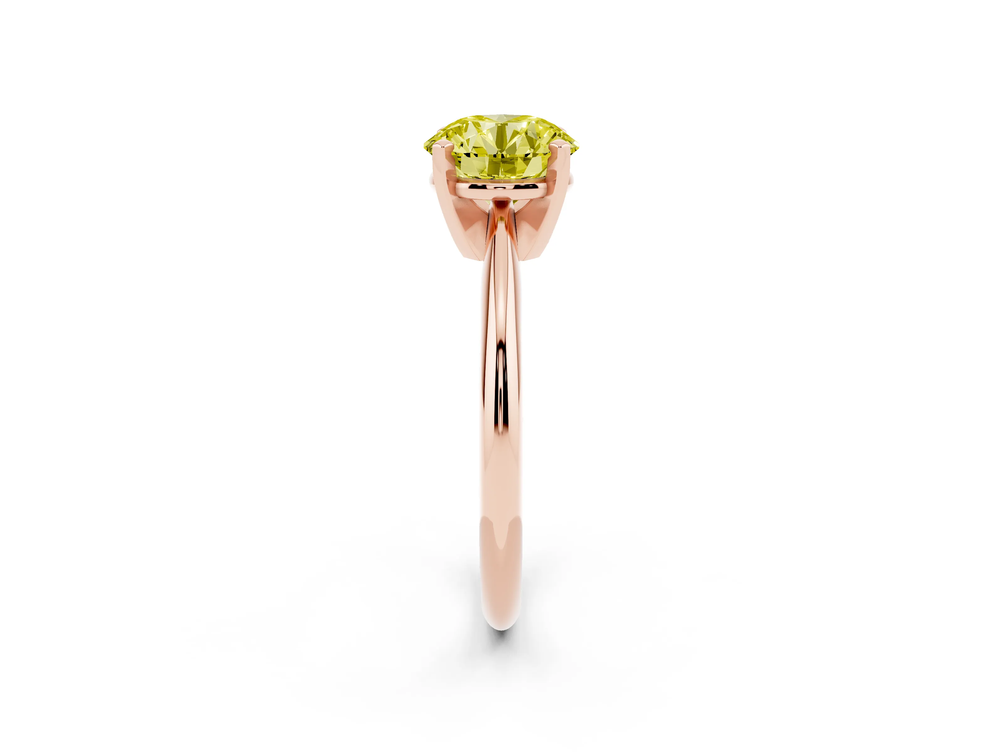 Fancy Yellow Round Cut Diamond Solitaire Ring Set in Rose gold with Prong Setting on a Plain Round Band