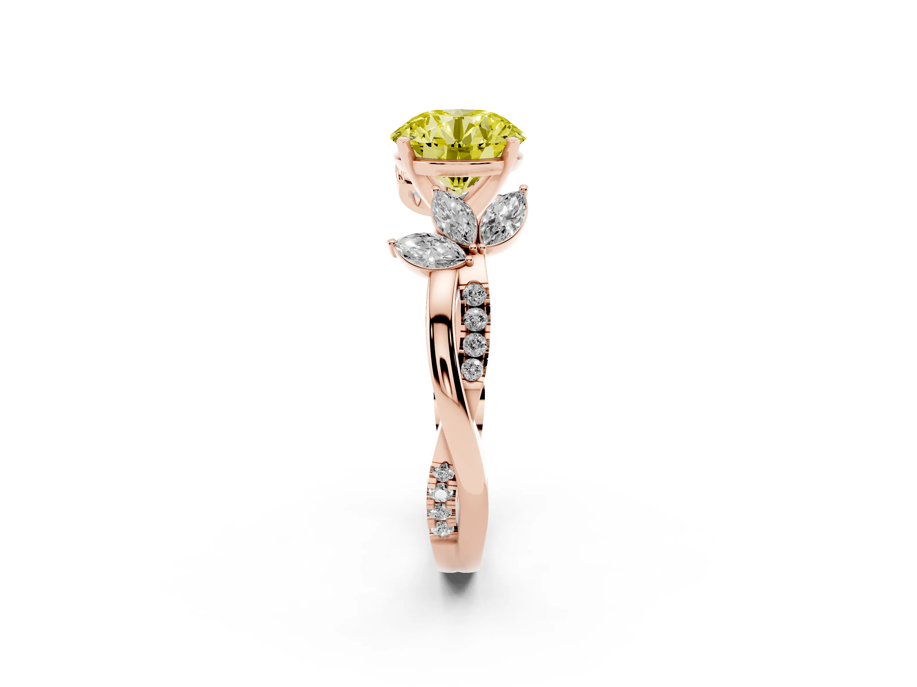Fancy Yellow Round Cut Diamond Floral Vine Solitaire Engagement Ring Set in Rose gold with Marquise Leaves
