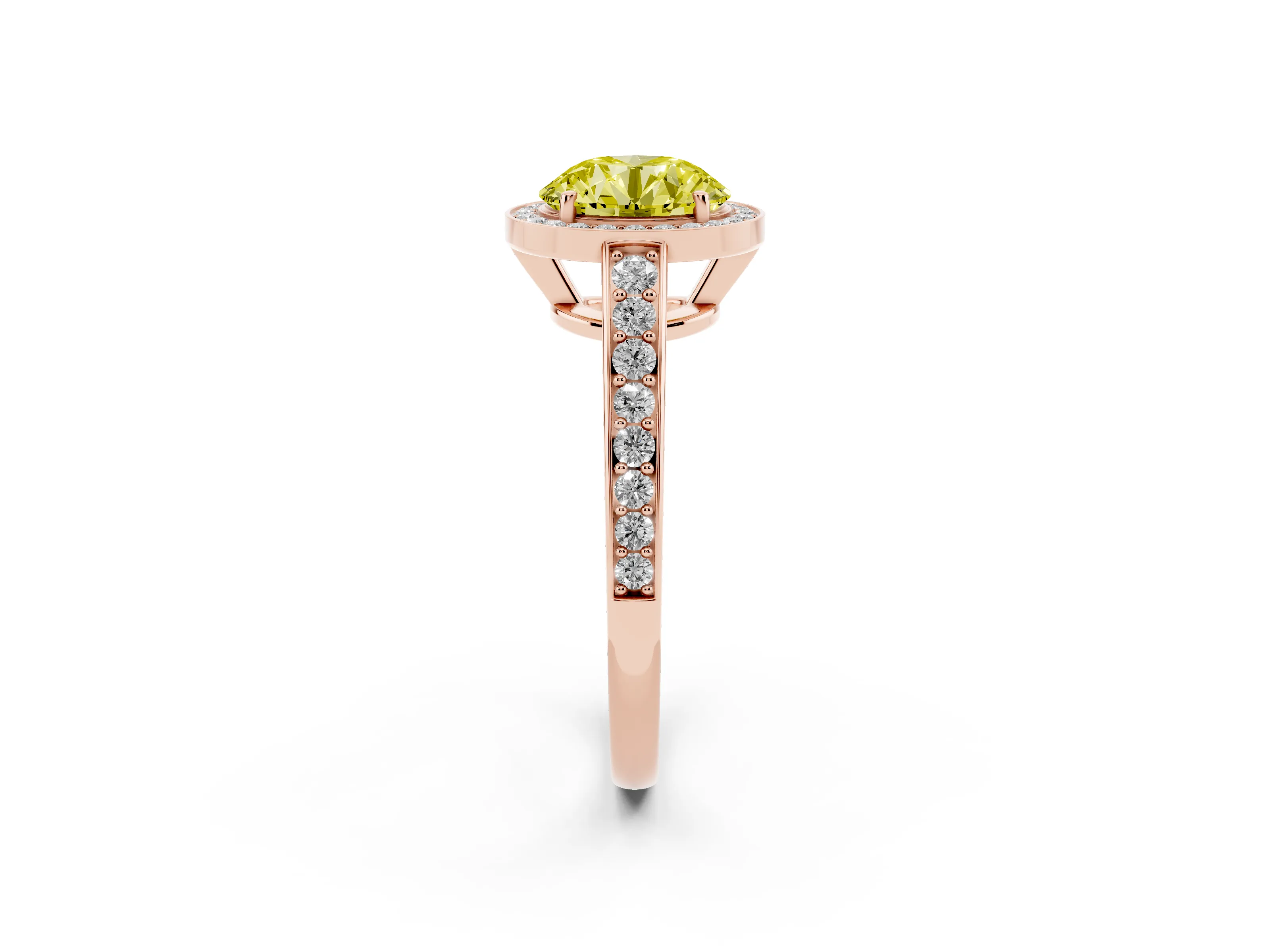Fancy Yellow Round Cut Diamond Halo Pavé Engagement Ring Set in Rose gold with Bezel Setting