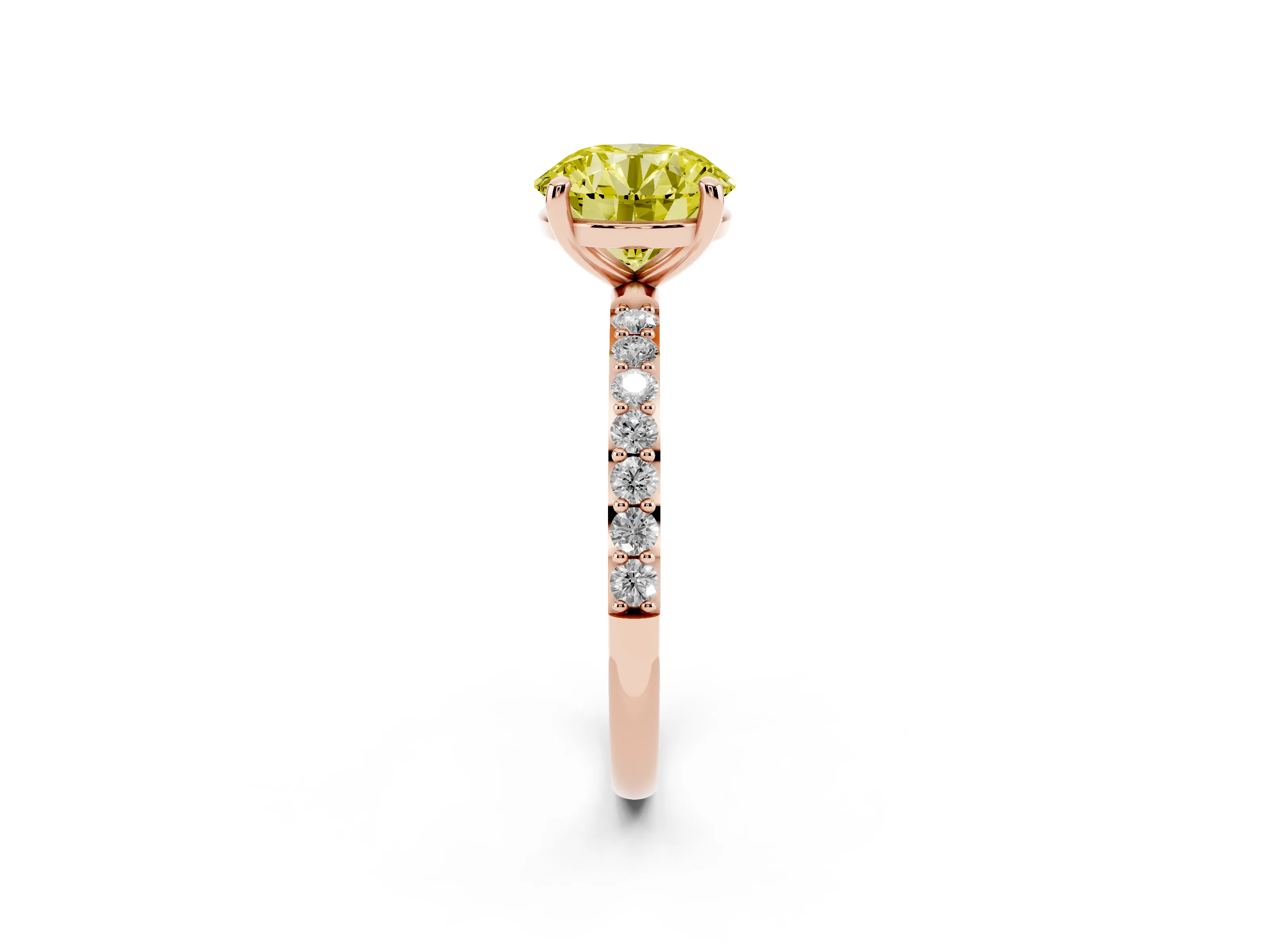 Fancy Yellow Round Cut Diamond Solitaire Ring Set in Rose gold with Round Pavé Band and Prong Setting