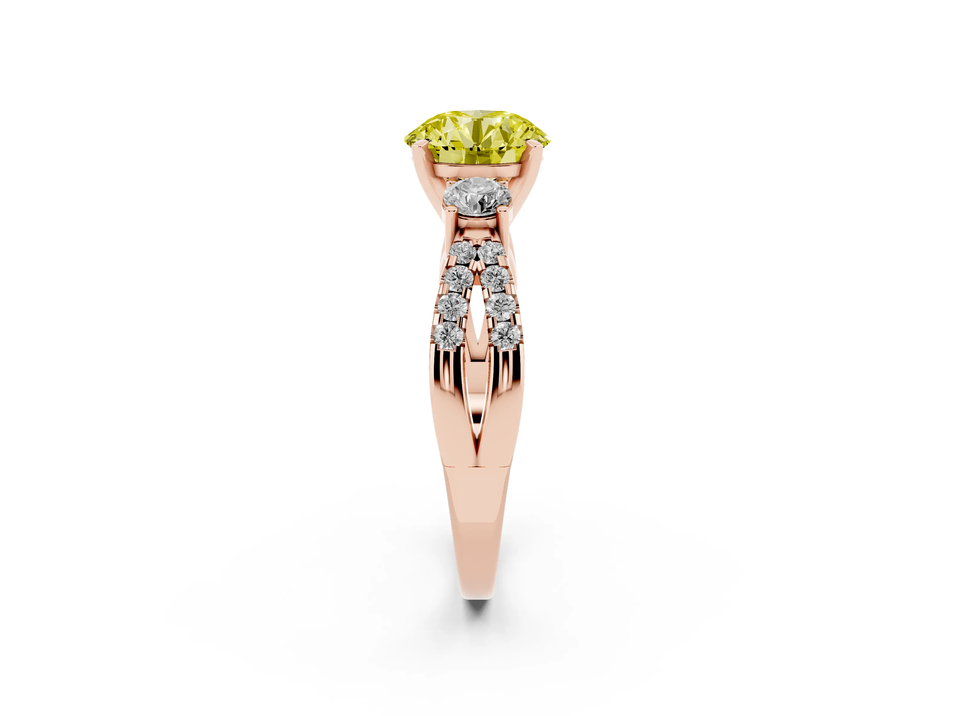 Fancy Yellow Round Cut Diamond Three-Stone Ring Set in Rose gold with Pavé Split Shank and Prong Setting