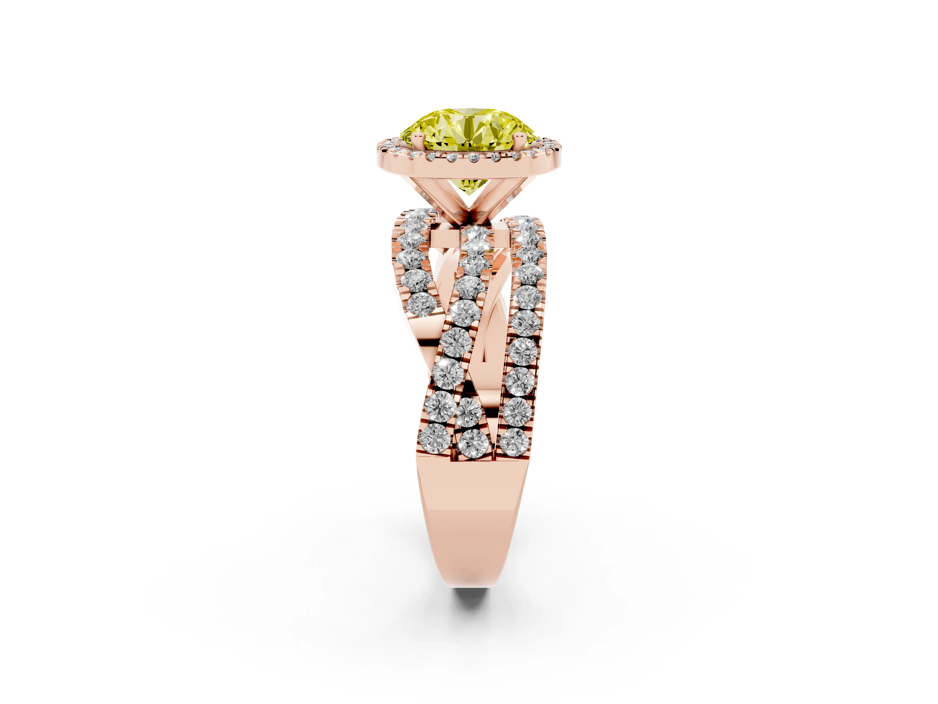 Fancy Yellow Round Cut Diamond Halo Ring Set in Rose gold with Round Crossover Split Shank and Prong Setting