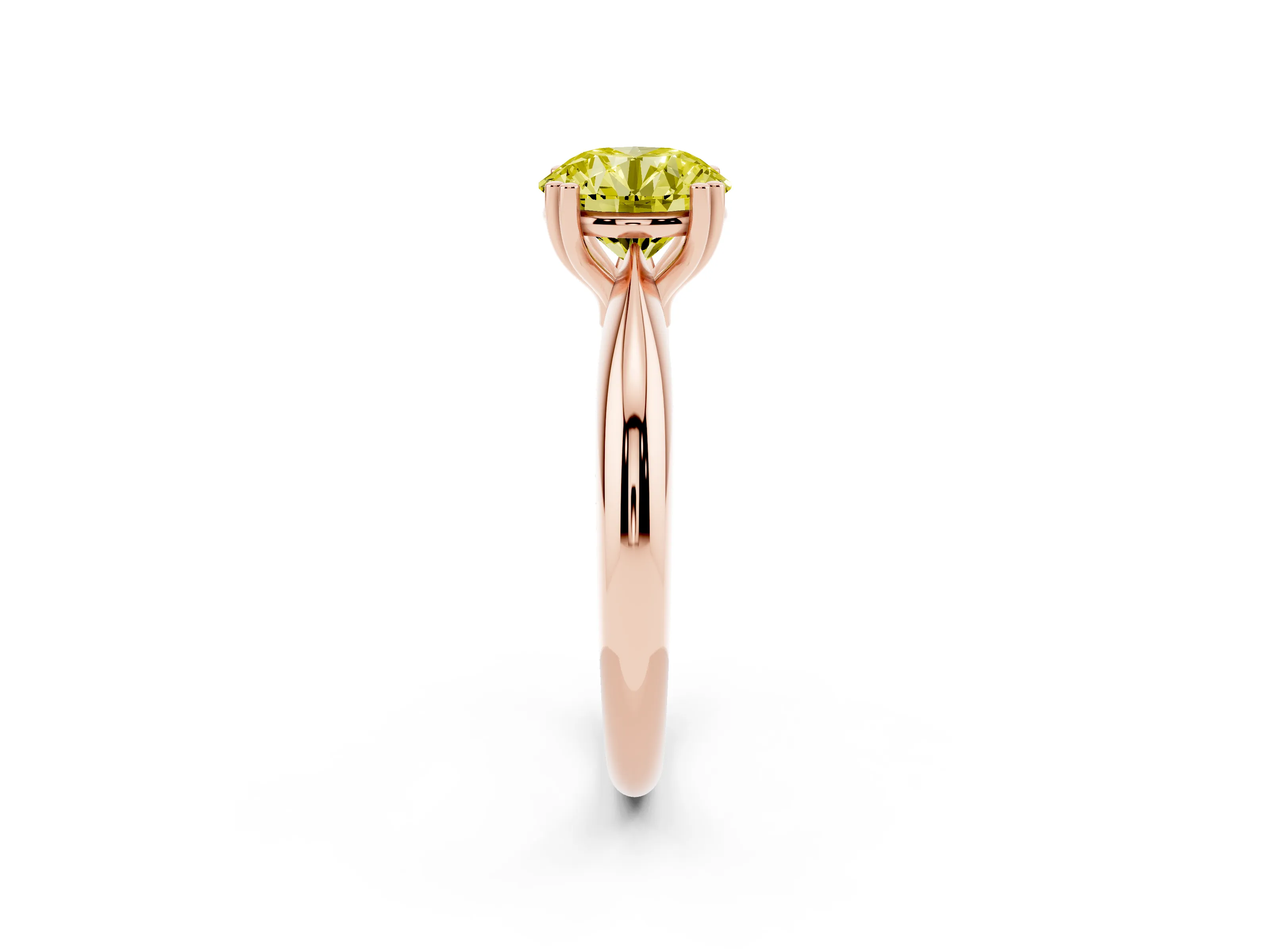 Fancy Yellow Round Cut Diamond Solitaire Engagement Ring Set in Rose gold with Tapered Band and Prong Setting