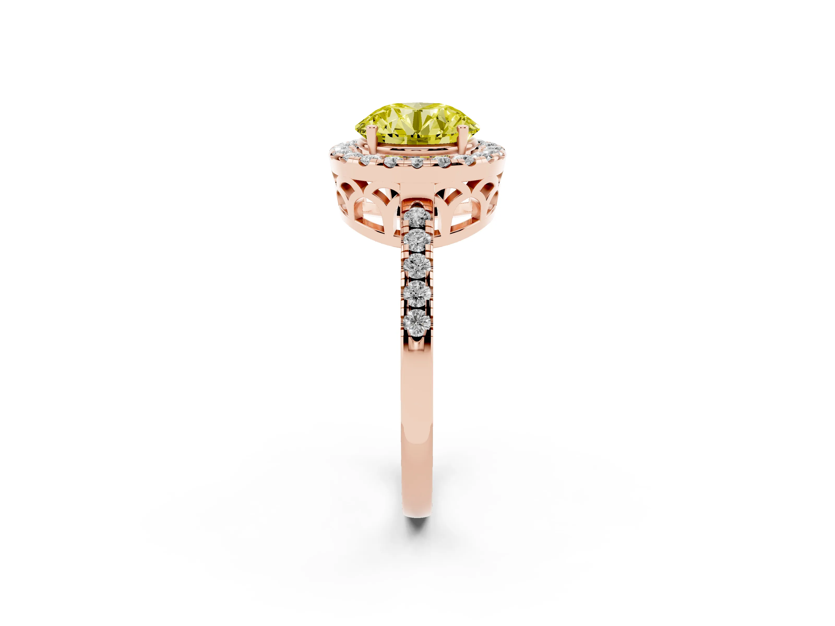 Fancy Yellow Round Cut Diamond Pavé Band Halo Engagement Ring Set in Rose gold with Prong Setting