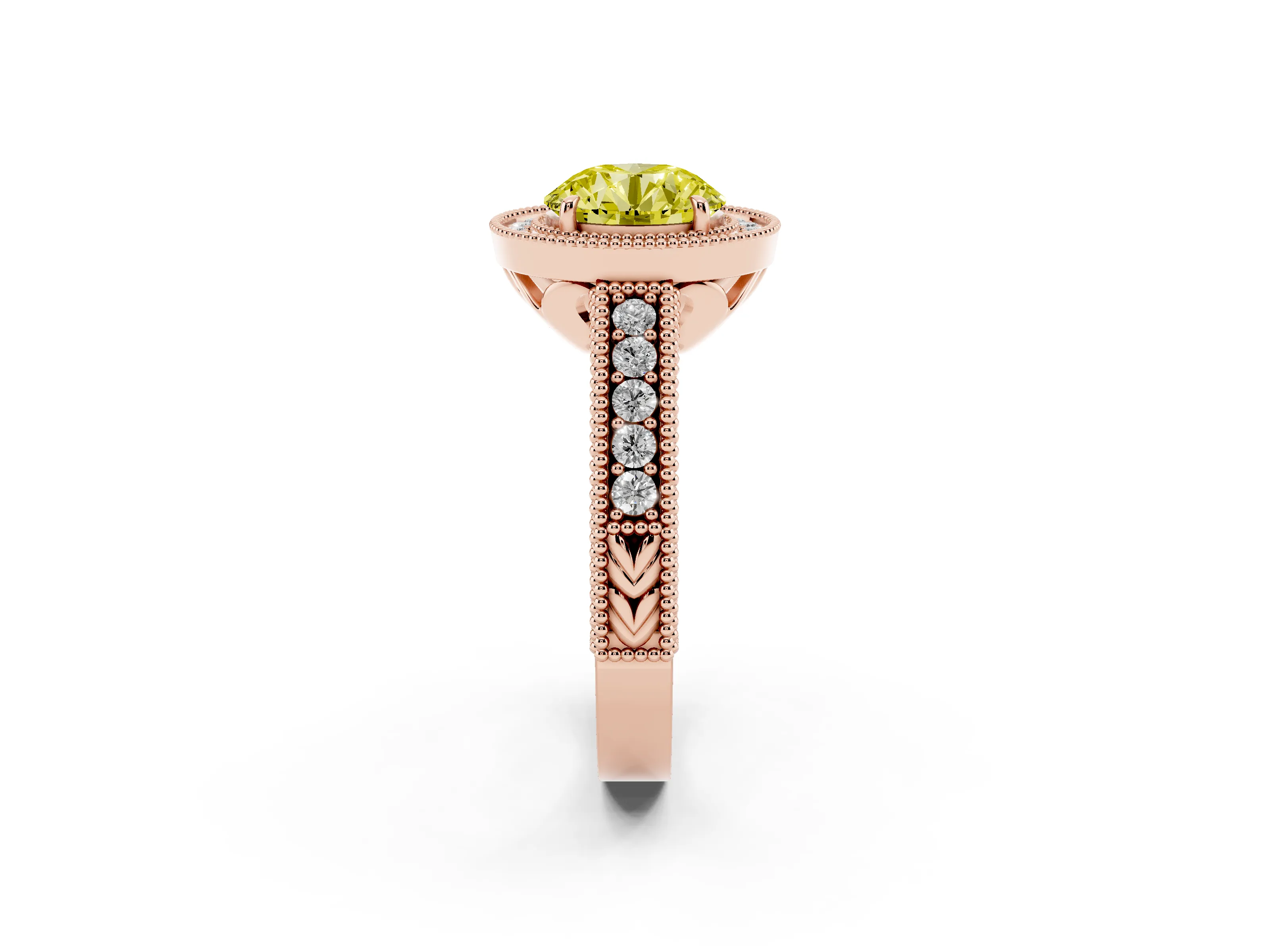 Fancy Yellow Round Cut Diamond Halo Ring Set in Rose gold with Round Accent Halo, Pavé Band and Prong Setting