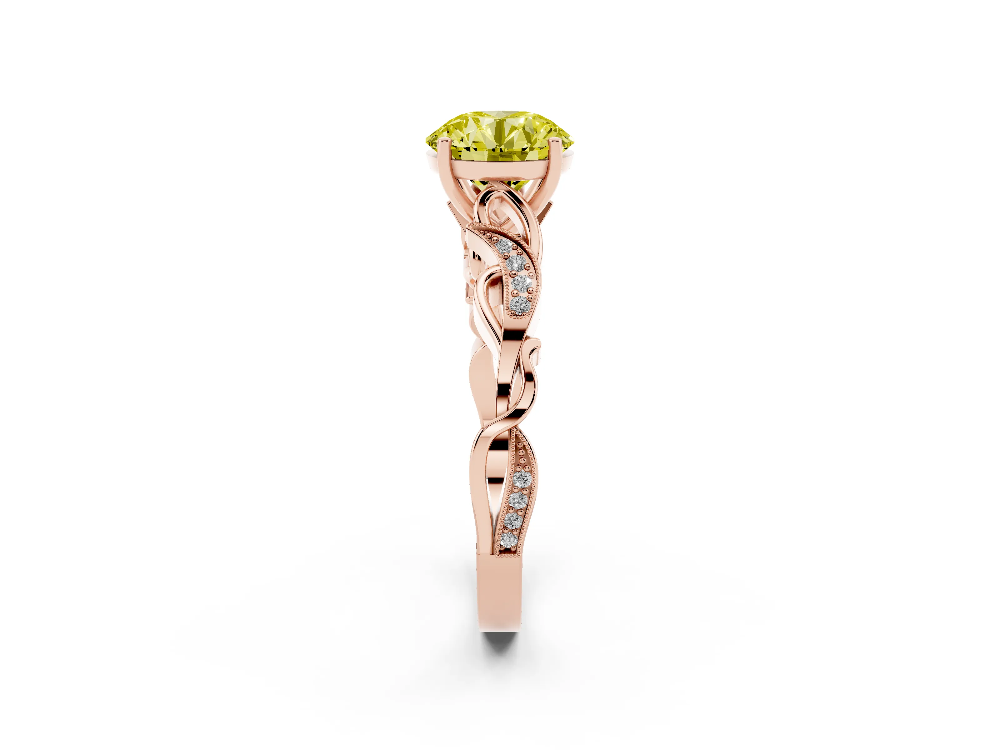 Fancy Yellow Round Cut Diamond Vine Band Solitaire Ring Set in Rose gold with Milgrain Prong Setting