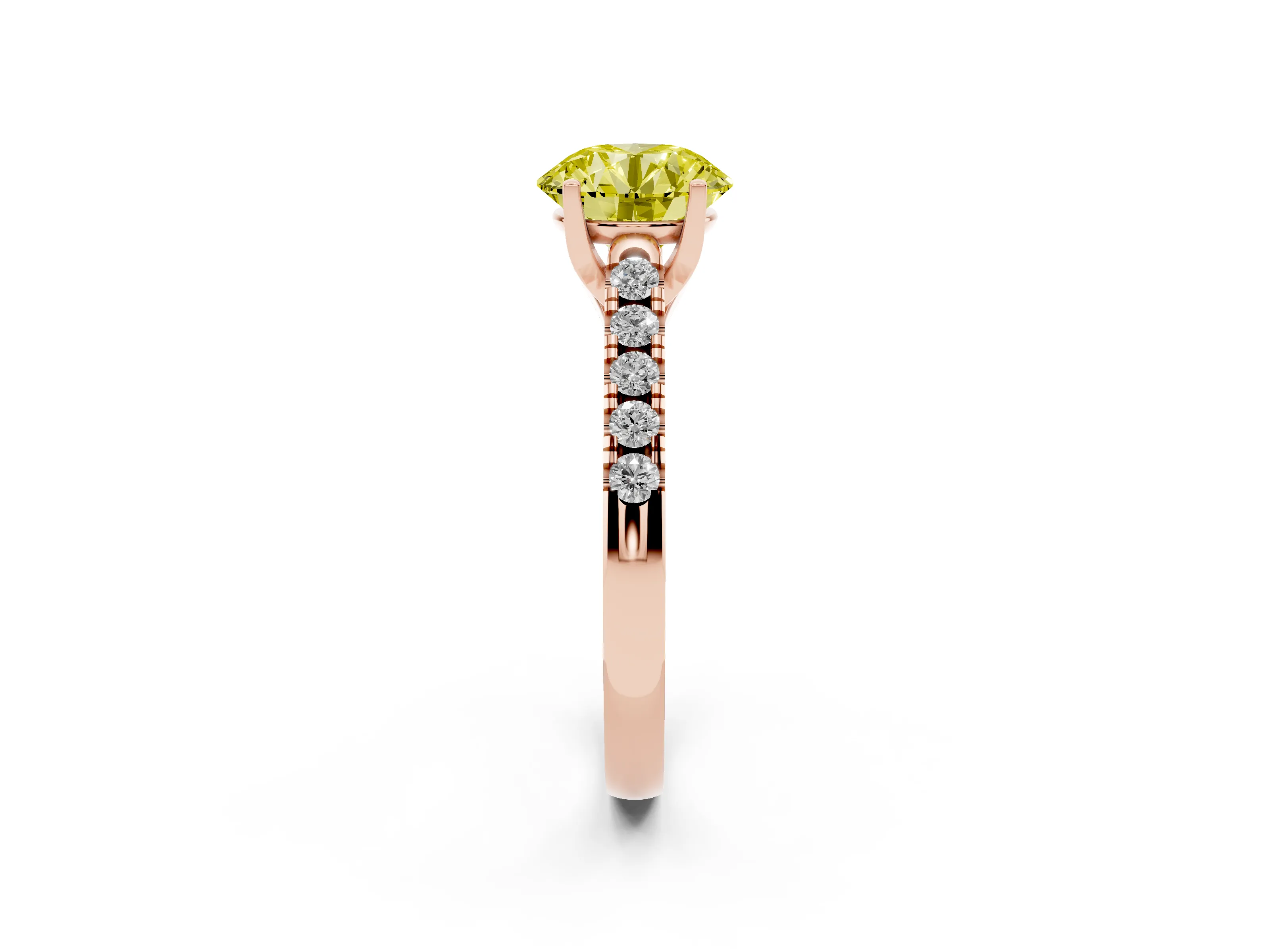 Fancy Yellow Round Cut Diamond Pavé Band Solitaire Ring Set in Rose gold with Partway Accent Stones and Prong Setting