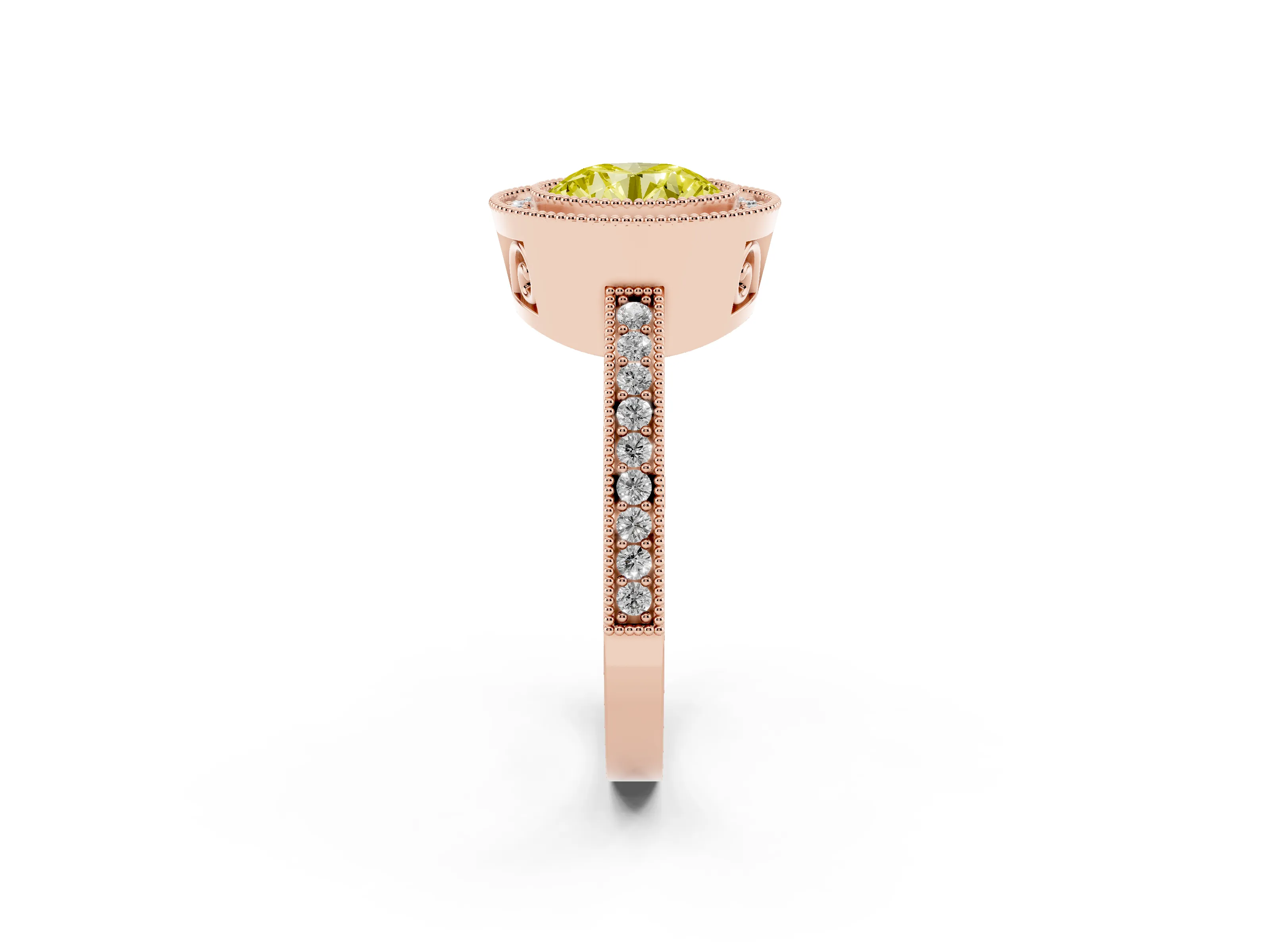 Fancy Yellow Round Cut Diamond Round Halo Ring Set in Rose gold with Pavé Band