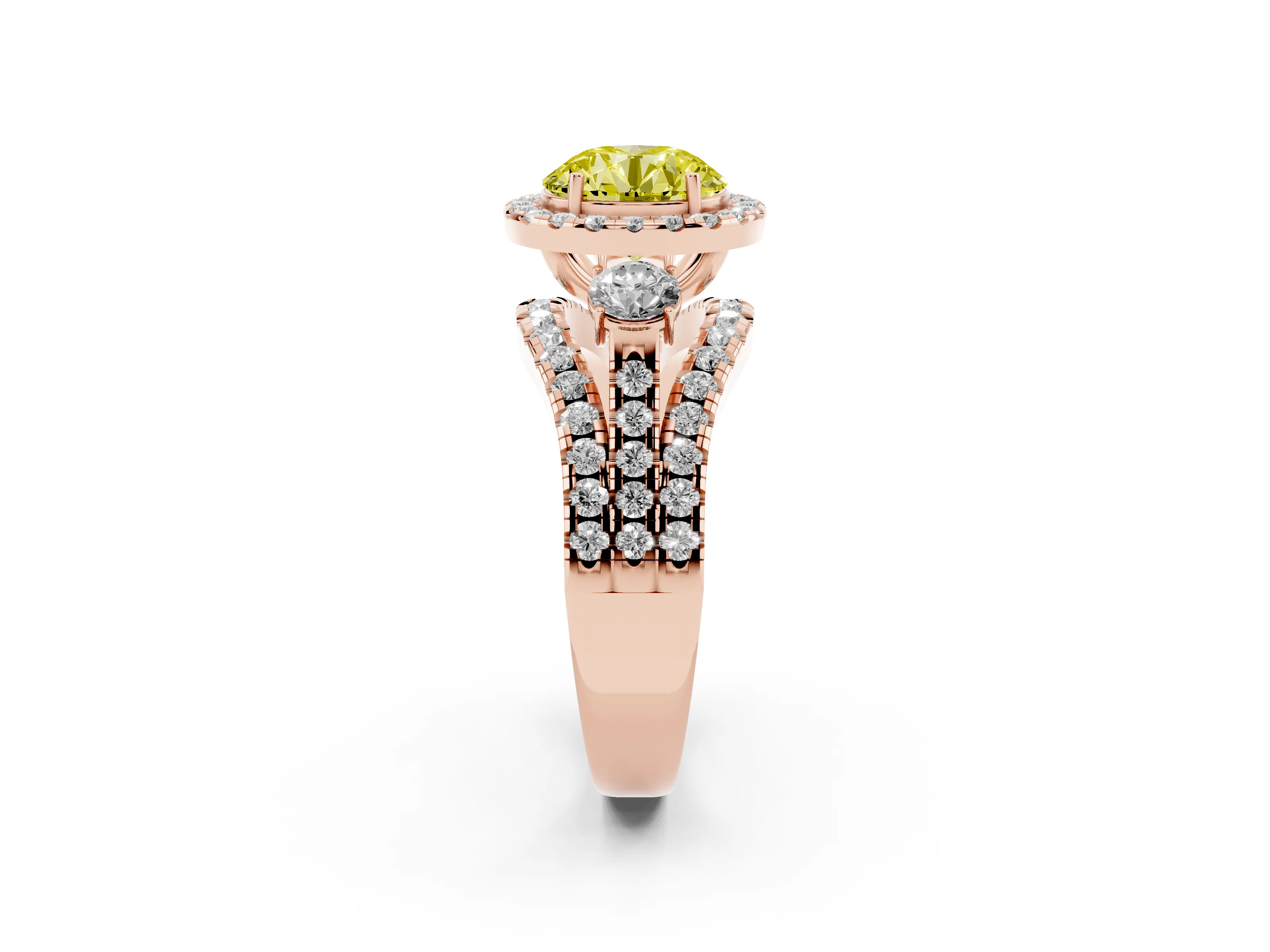 Fancy Yellow Round Cut Diamond Halo Split Shank Ring Set in Rose gold with Round Accent Stones and Prong Setting
