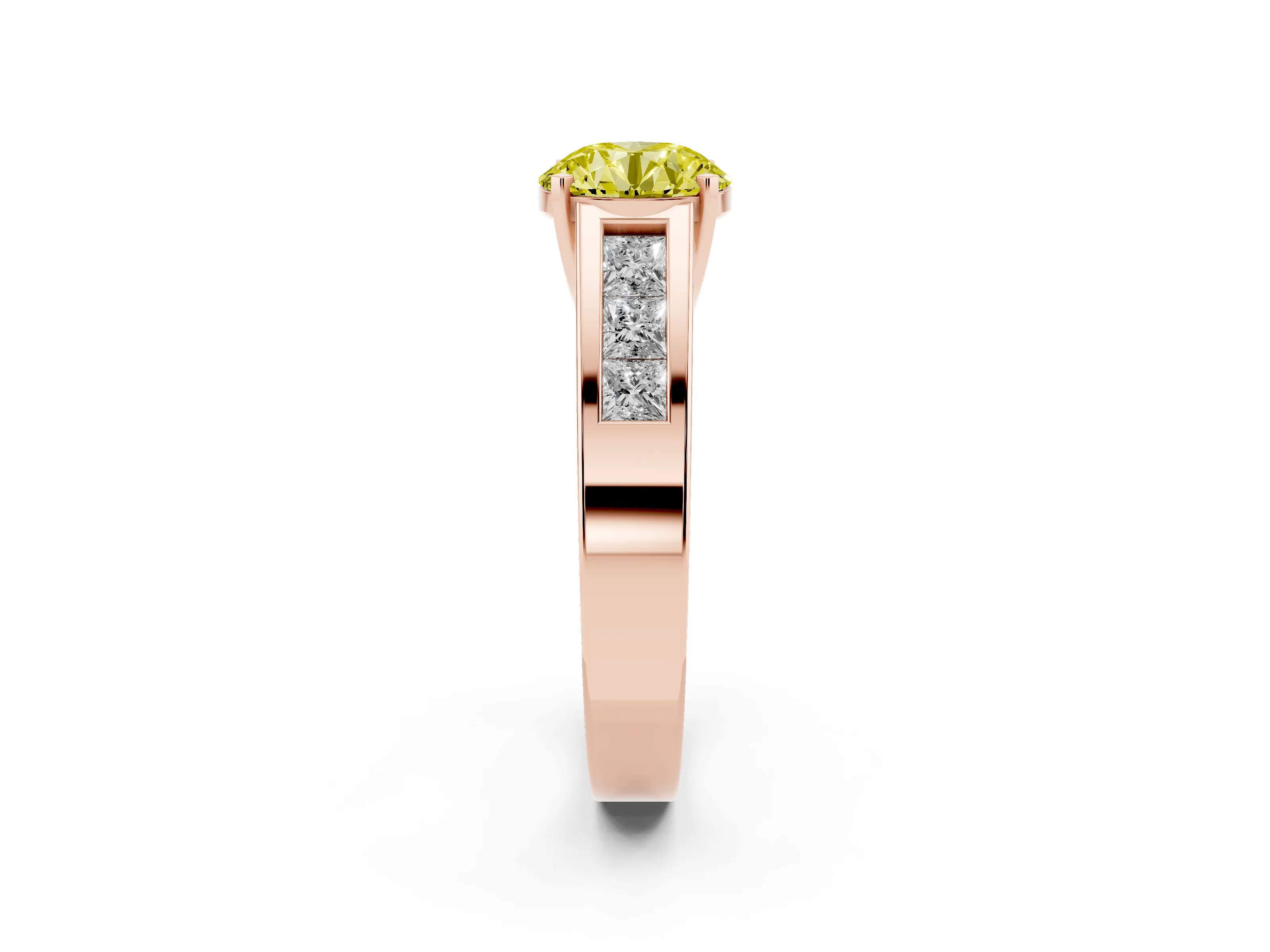 Fancy Yellow Round Cut Diamond Solitaire Ring Set in Rose gold with Channel-Set Accent Stones and Prong Setting