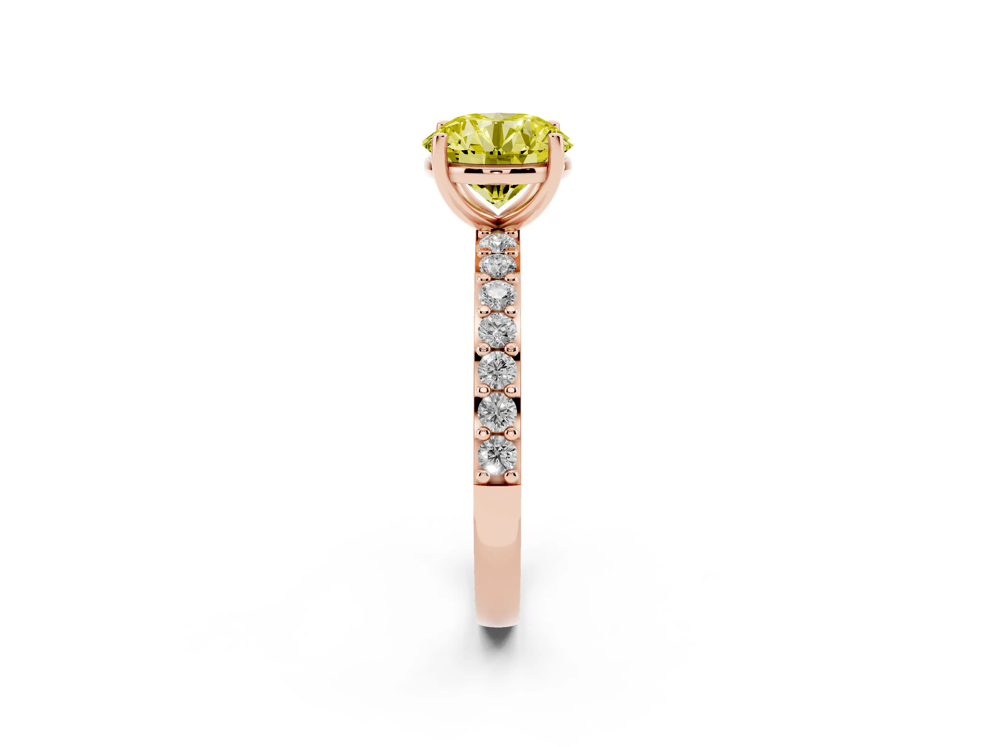 Fancy Yellow Round Cut Diamond Solitaire Set in Rose gold with Round Pavé Band and Prong Setting