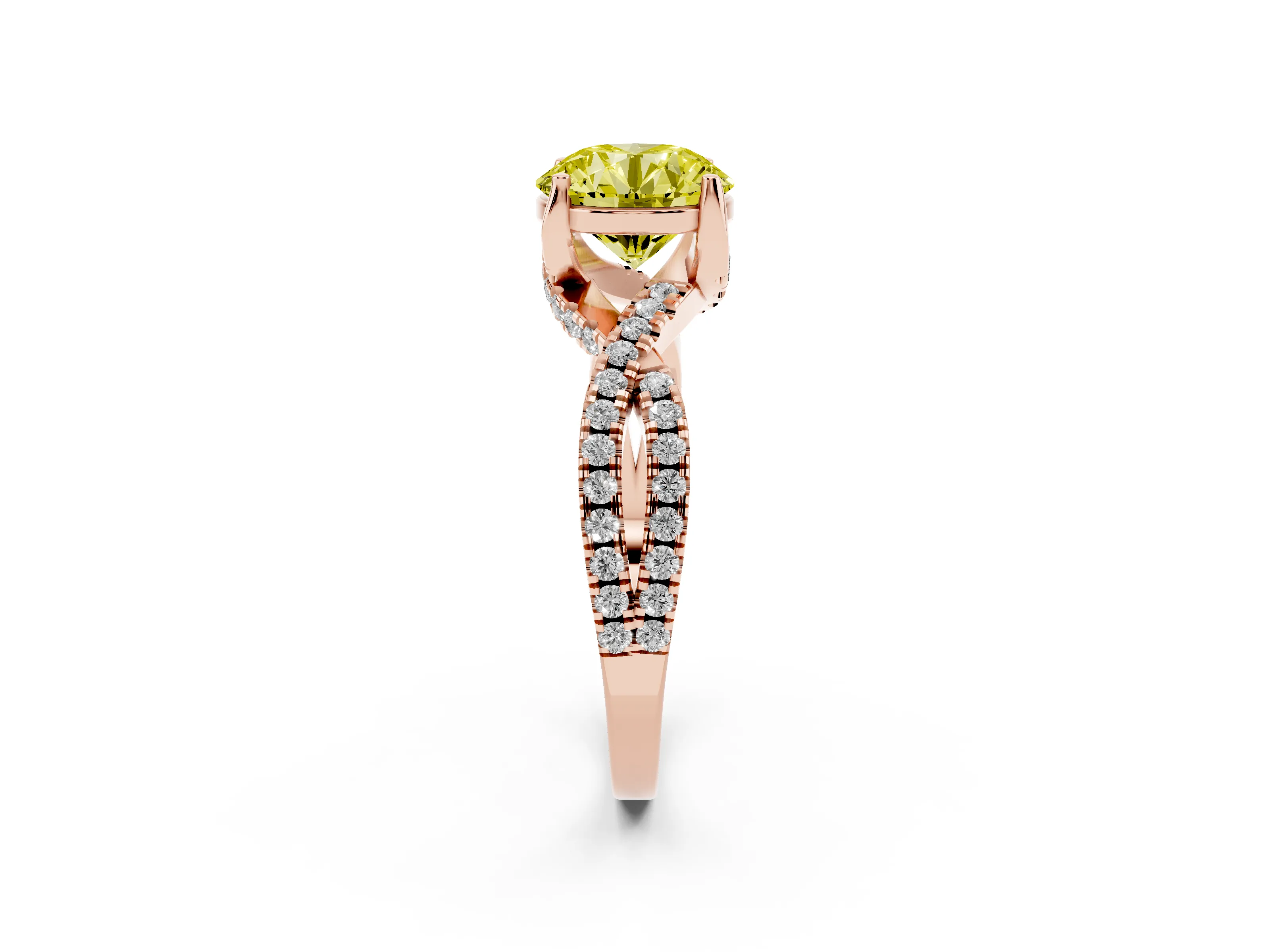 Fancy Yellow Round Cut Diamond Twist Pavé Solitaire Engagement Ring Set in Rose gold with Prong Setting