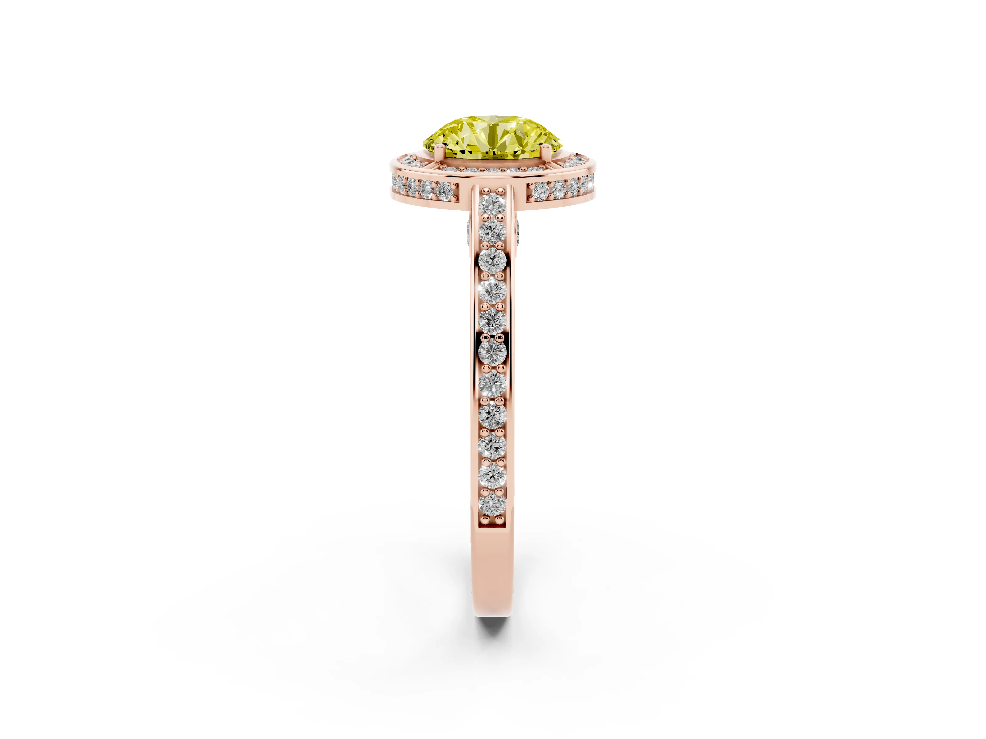 Fancy Yellow Round Cut Diamond Halo Pavé Split Shank Ring Set in Rose gold with Prong Setting