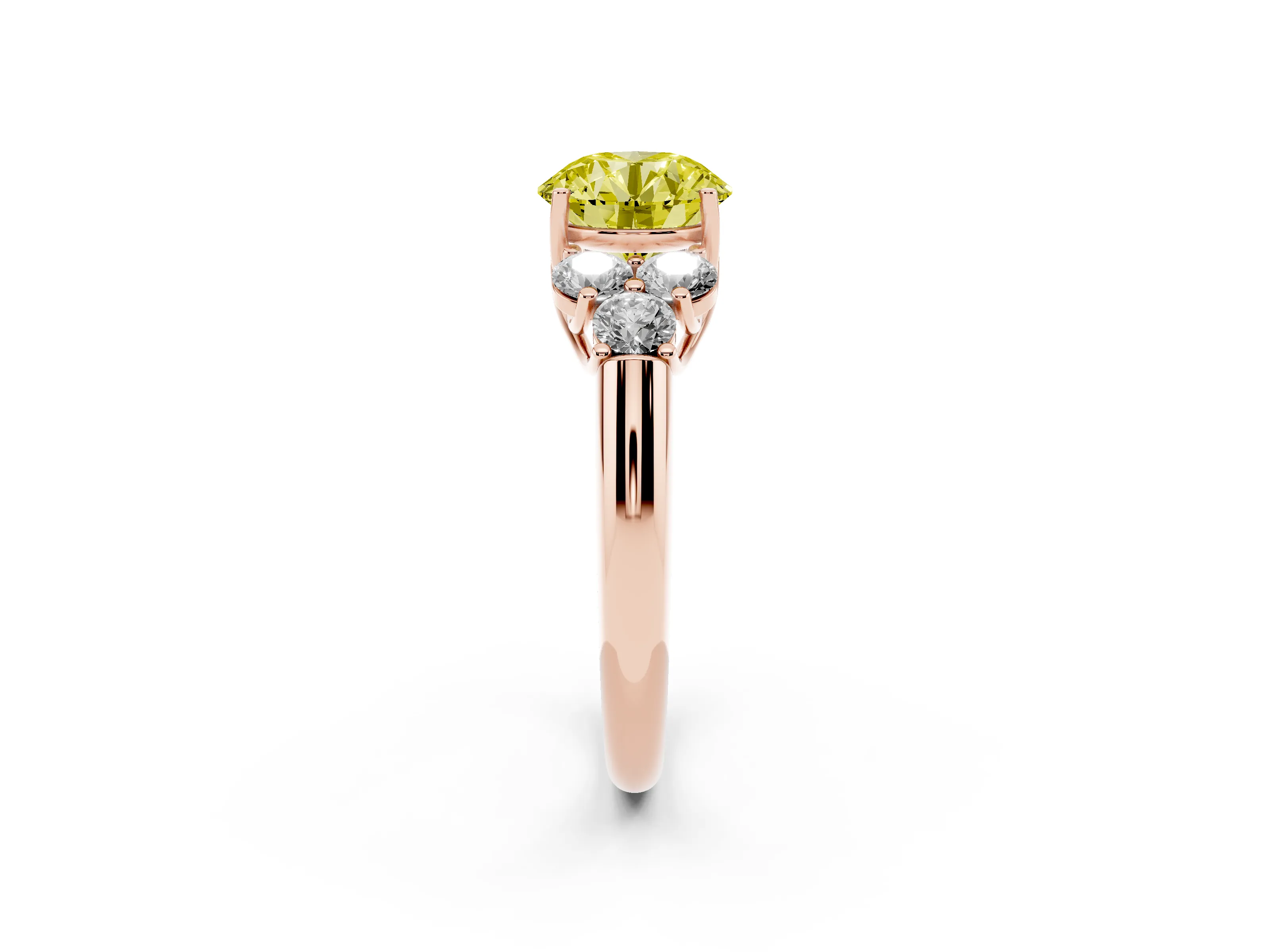 Fancy Yellow Round Cut Diamond Cluster Ring Set in Rose gold with Round Accent Stones and Prong Setting on a Plain Band